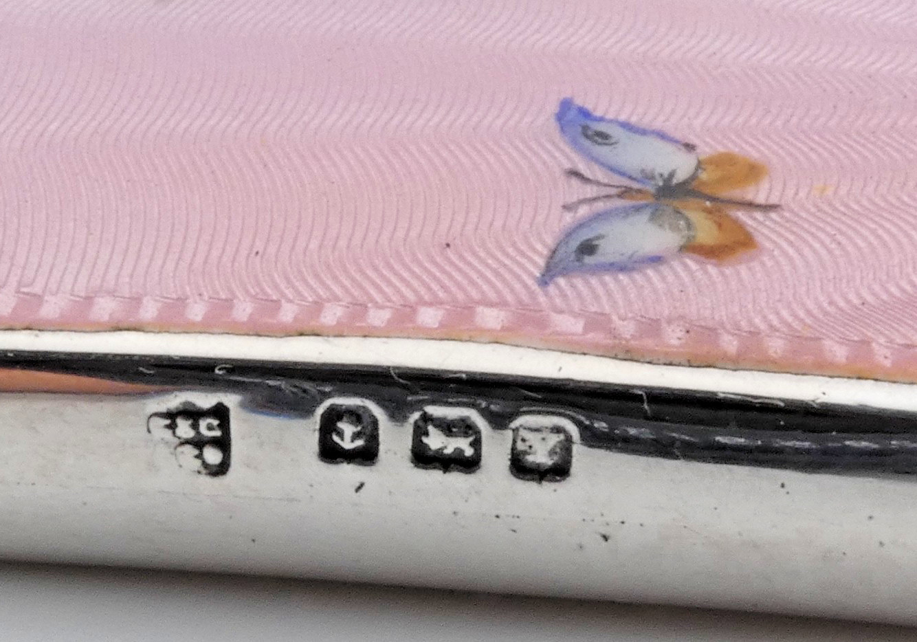 STUNNING ART DECO SOLID STERLING SILVER GUILLOCHE ENAMEL BUTTERFLY HAND MIRROR