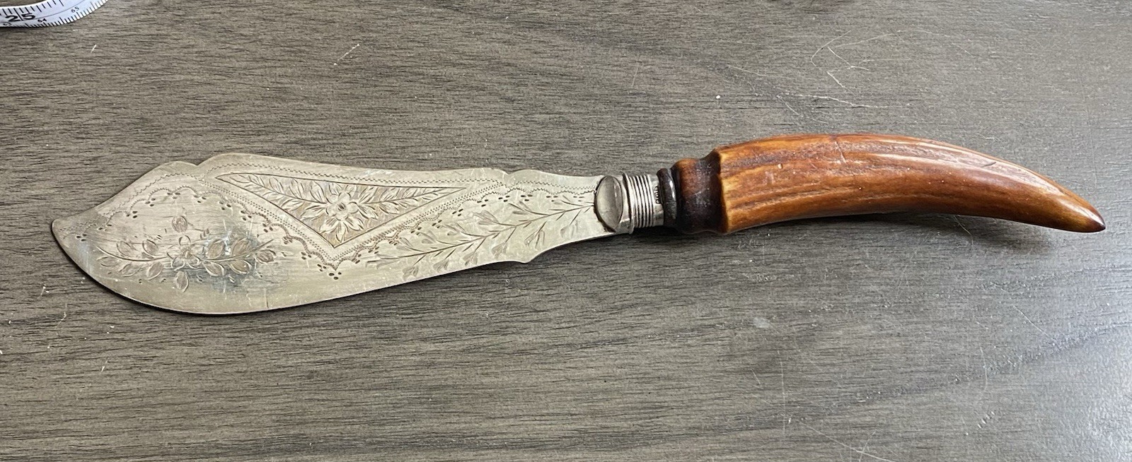1894 Francis Charles? Sheffield Fish Knife Sterling Silver Ferrule Antler Blade