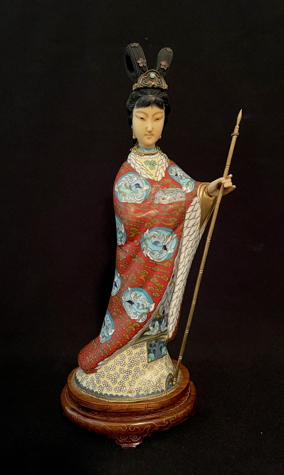 Vintage Chinese Cloisonné Enamel Carved Guanyin Quan Kwan Yin Sculpture Figurine