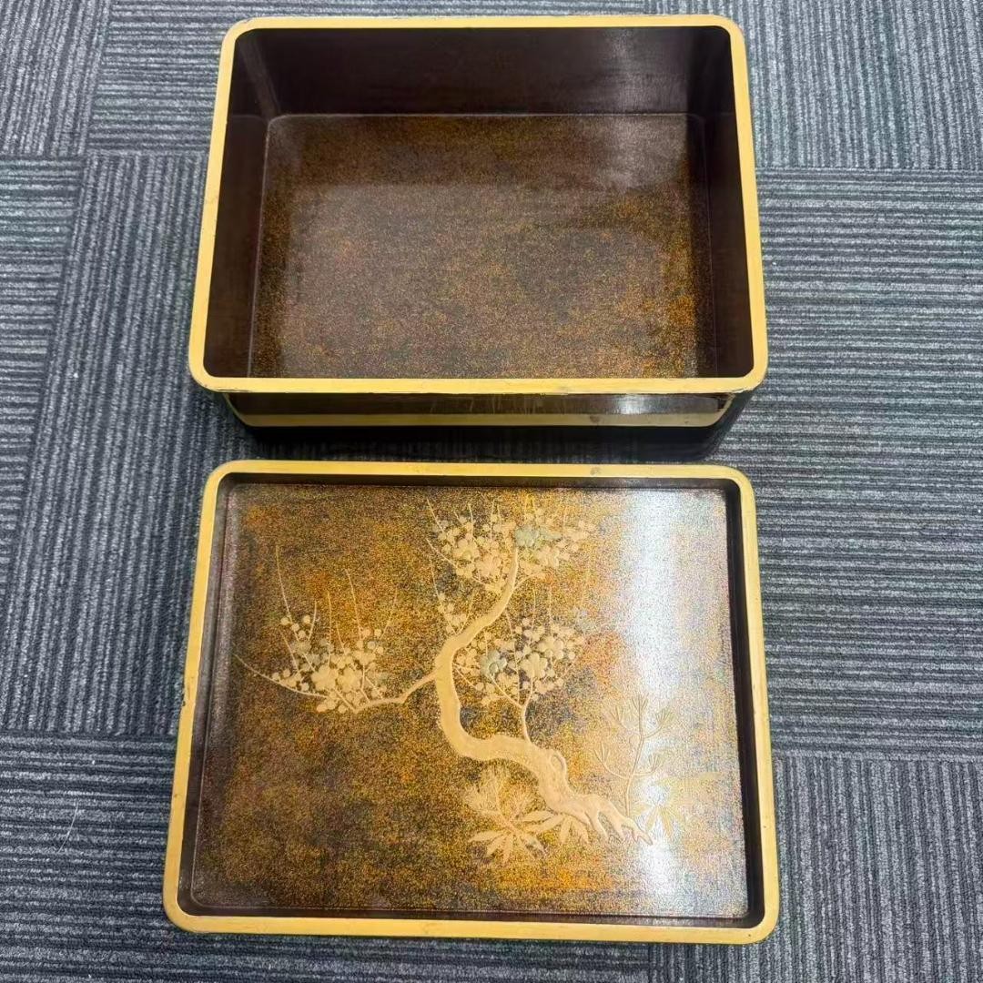 Antique Japanese Wood Lacquer Jubako Gold Maki-e Black Bento Box Wooden 16in