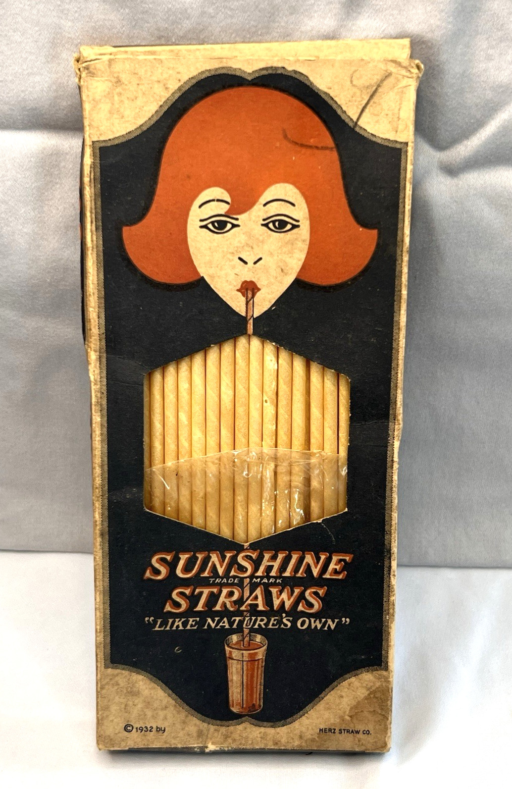 1932 Sunshine Straws Vintage Paper Box w Original Straws Art Deco Advertising