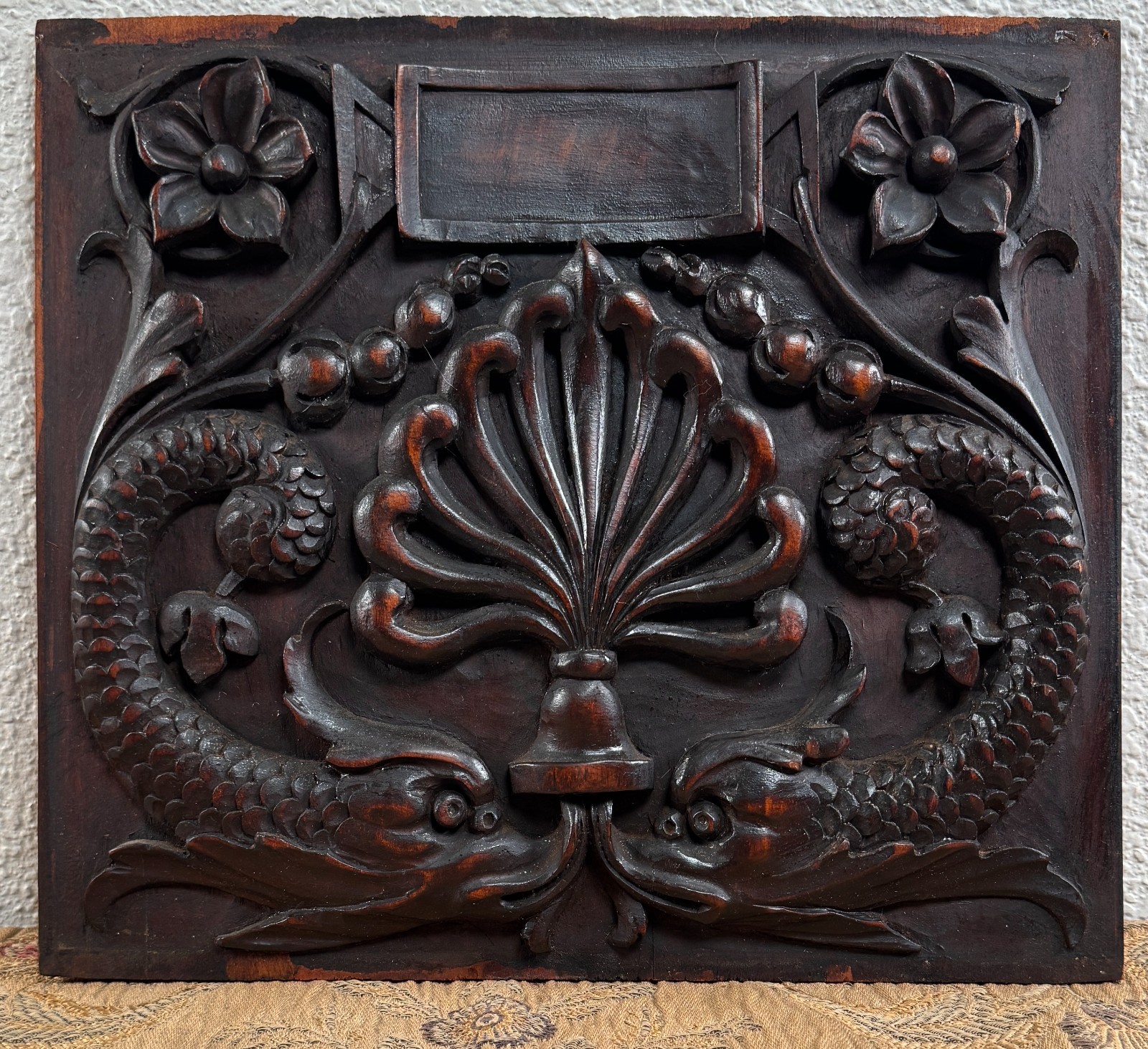 Antique Carved Mahogany Panel Sea Monsters Dolphin French Renaissance 19th C. #1