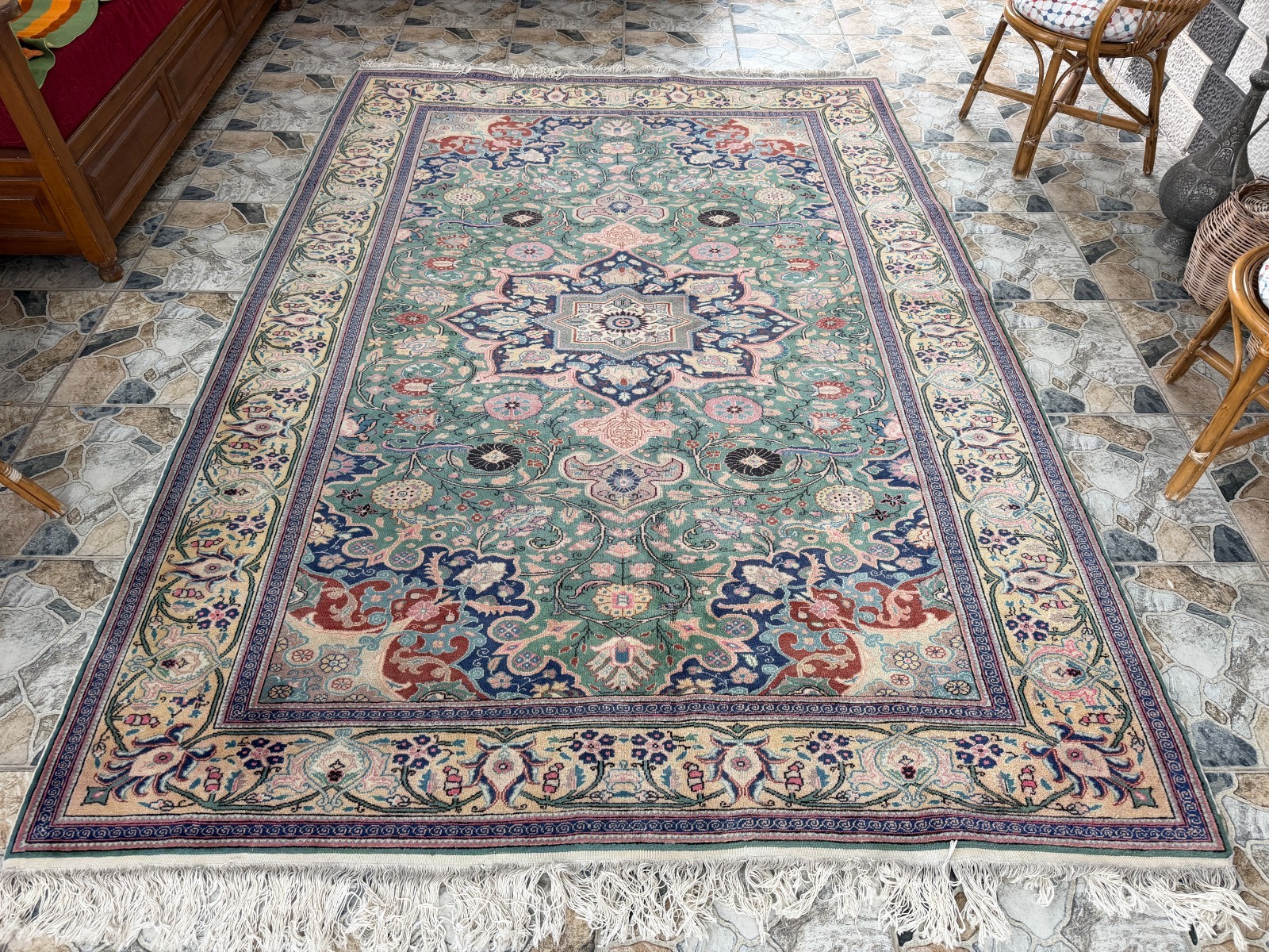 1990s Vintage Turkish Oushak Rug, Farmhouse Fine Wool Floral Area Carpet 6.7×9.5