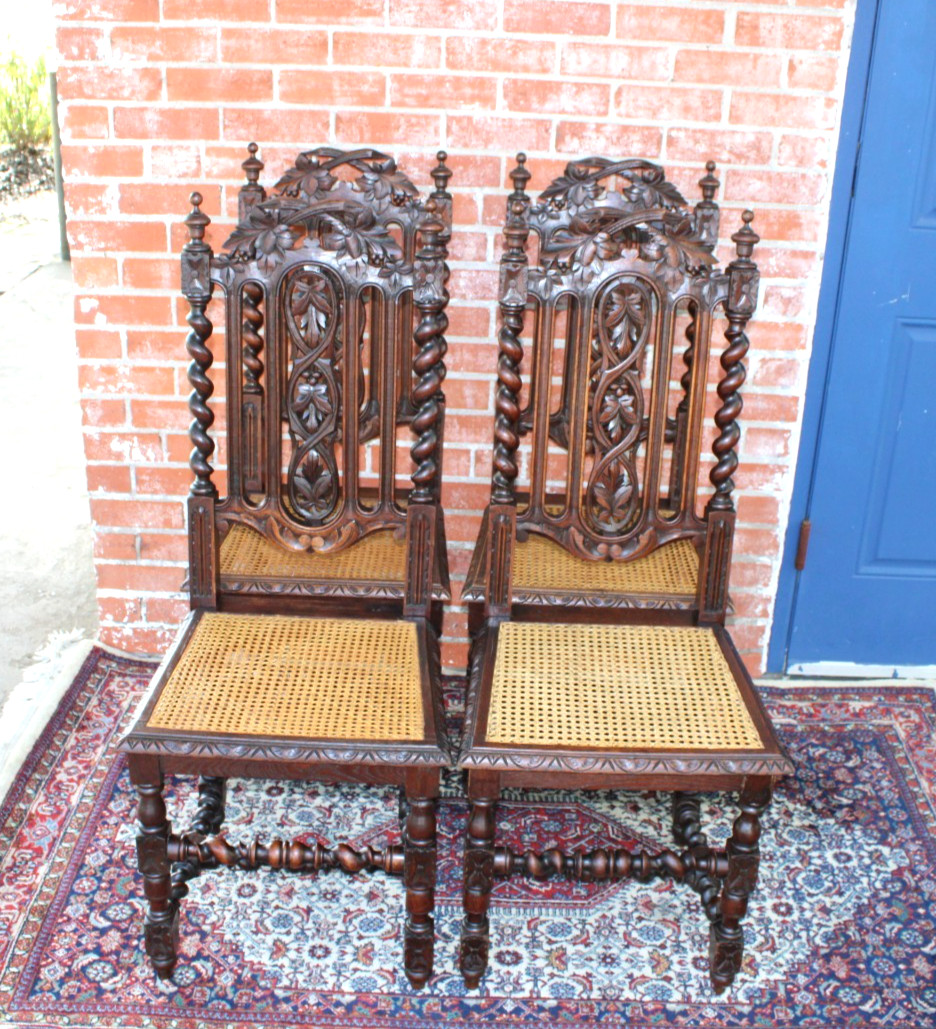 Set of 4 French Antique Renaissance Oak Louis XIII Dining Chairs w/ Cane Seats