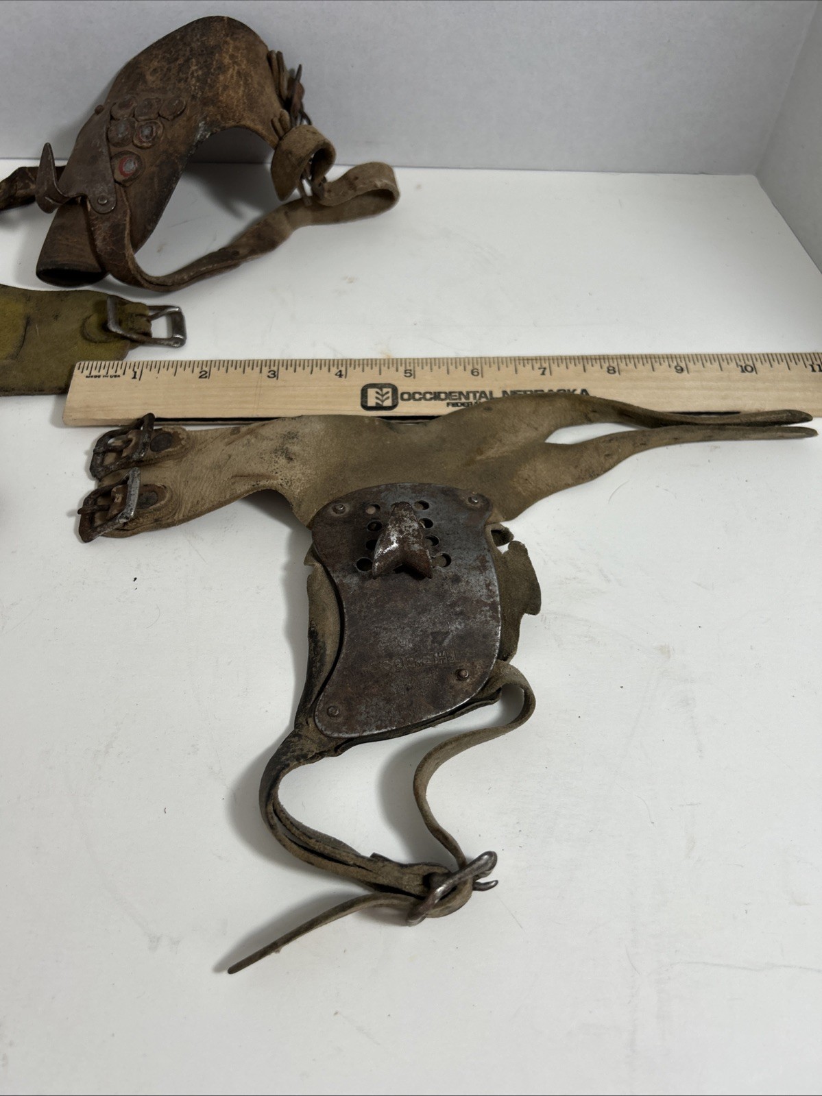 3 Antique Primitive Corn Husker Shucker Hand Farm Tool Metal Leather Vintage lot