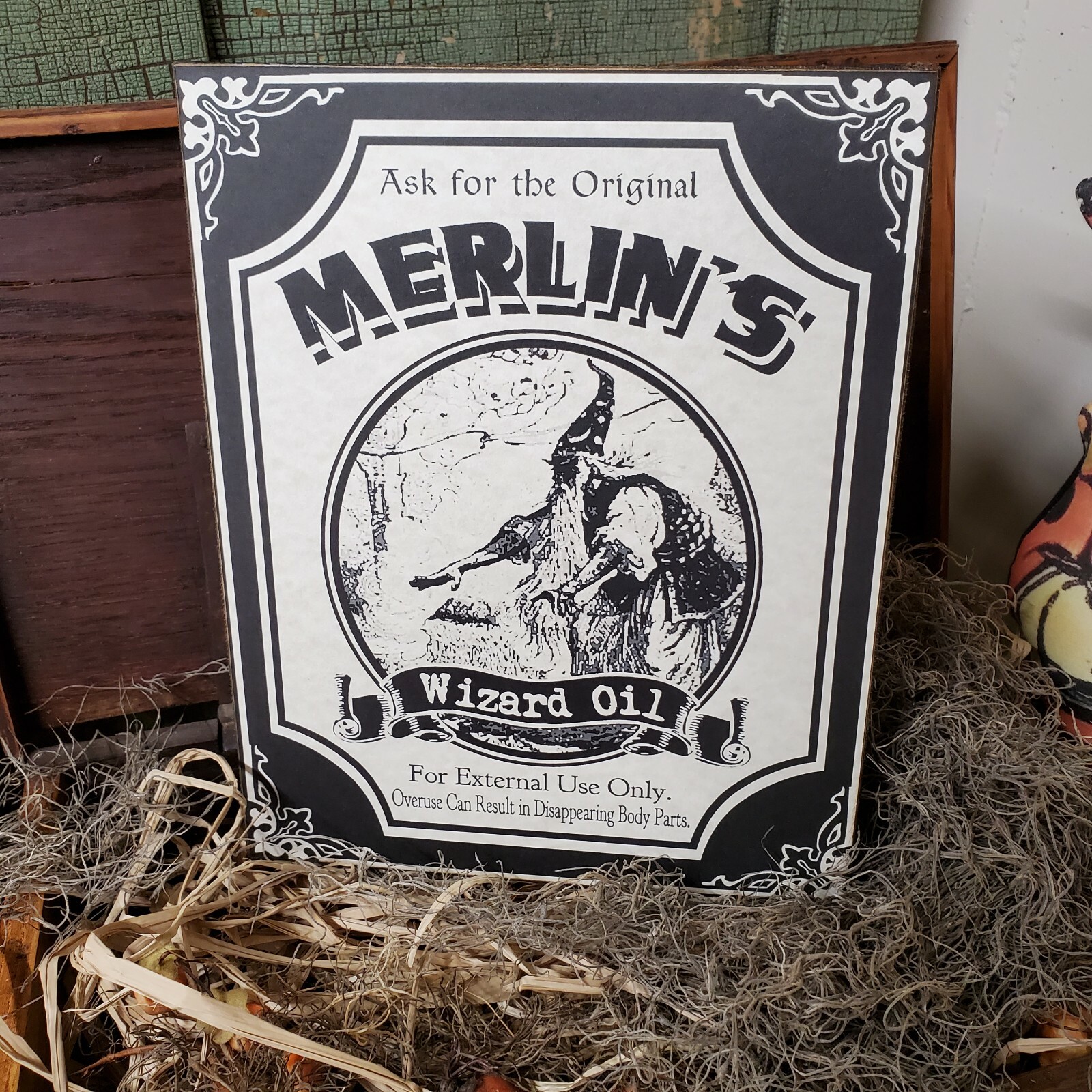 HALLOWEEN MERLINS WIZARD OIL VICTORIAN PRIMITIVE VINTAGE STEAMPUNK STYLE SIGN