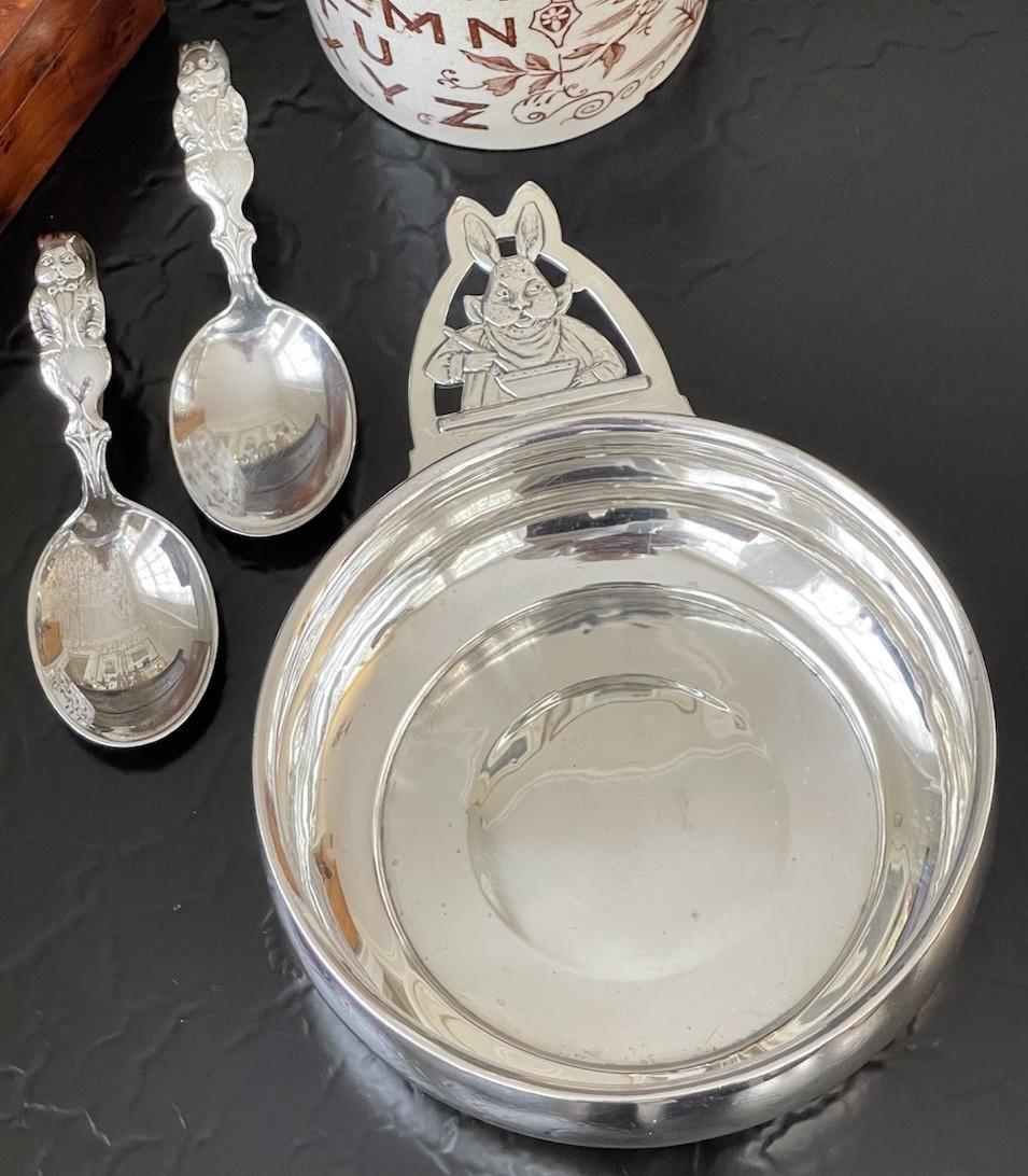 Rare Antique Trio Webster Sterling Silver Rabbit Bunny Baby Spoon Porringer Bowl