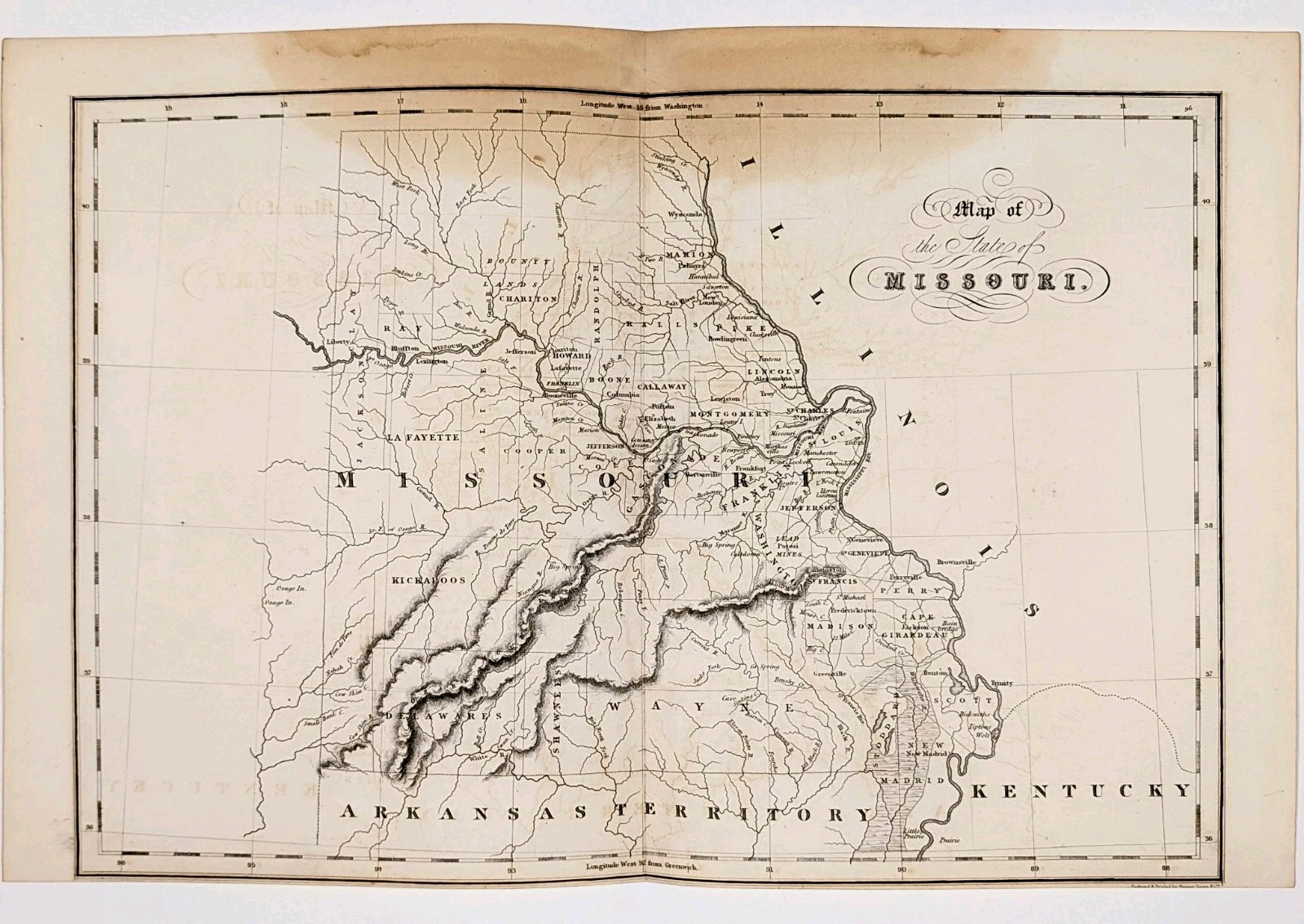 1832 MISSOURI Map ORIGINAL ANTIQUE Bounty and Indian Lands RARE