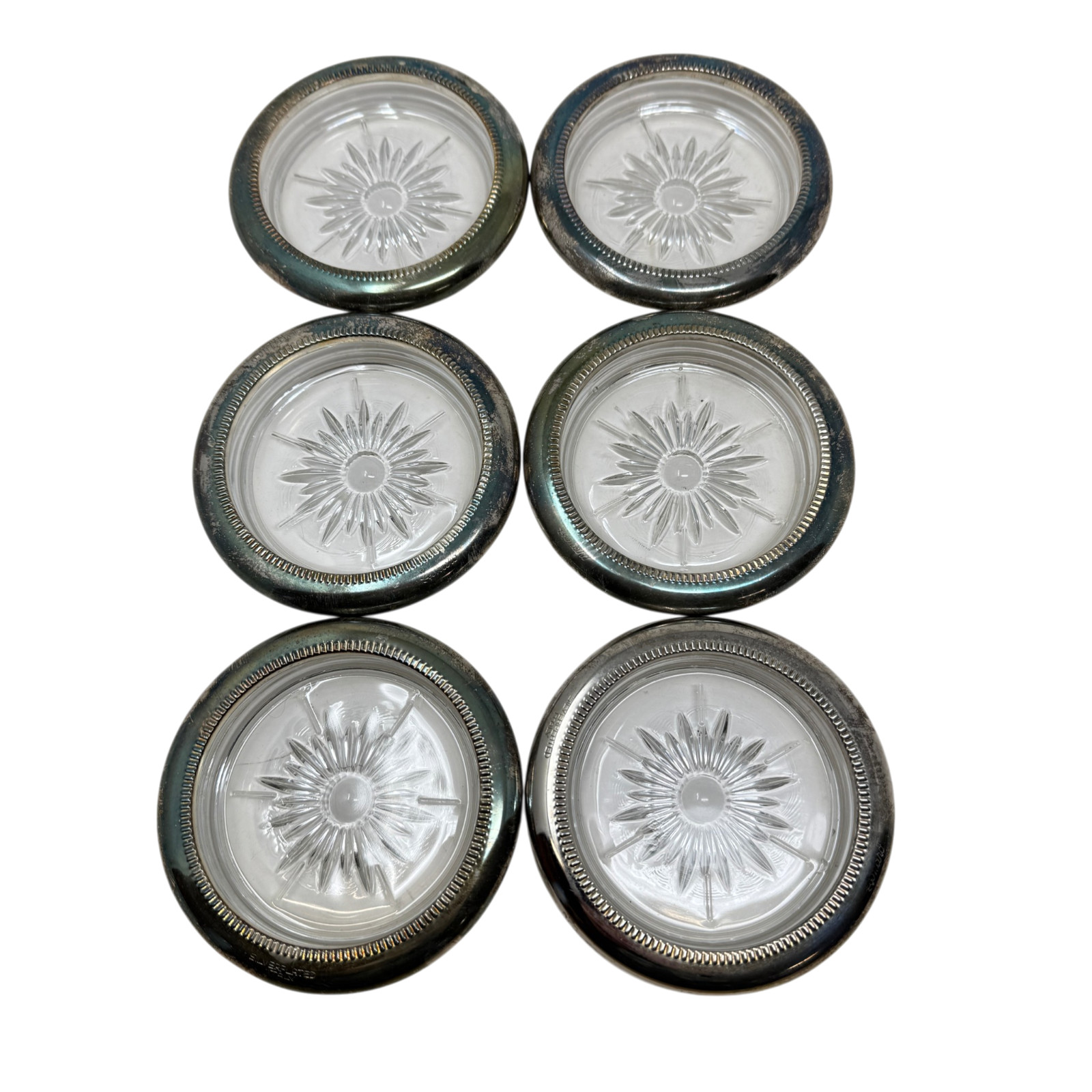 Set Of 6 Leonard Silver Plated Crystal Glass Coasters 4” Made In Italy