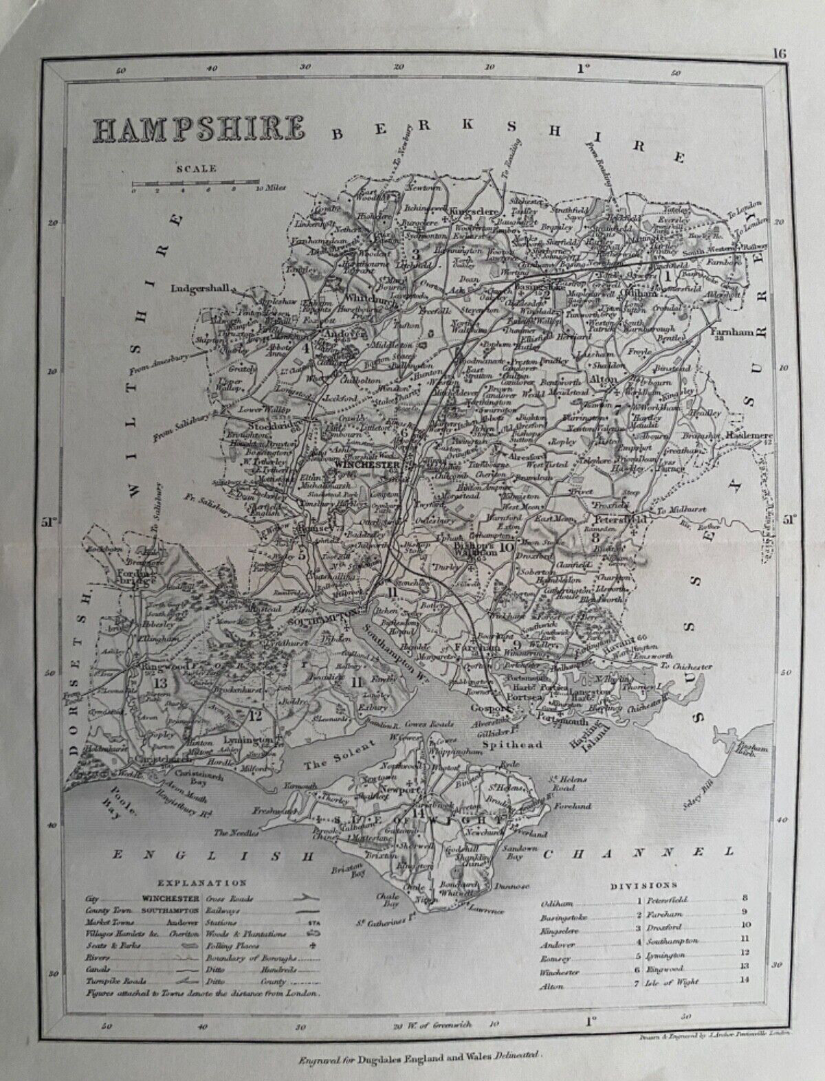 1850 Antique Map; Hampshire by Joshua Archer