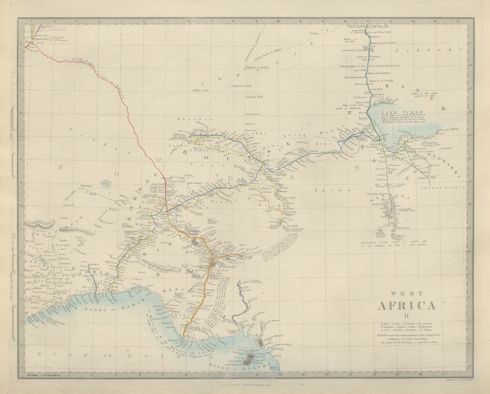 NIGERIA explorers’ routes. Lander Clapperton Oudney Denham Allen. SDUK 1874 map