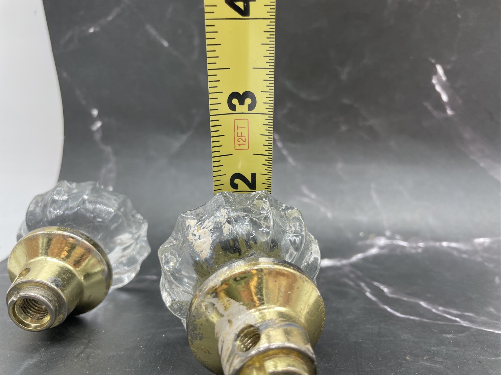 12 Sided Glass Starburst Door Knobs W/Brass Base Pair (2) 1920’s-1930’s Vintage