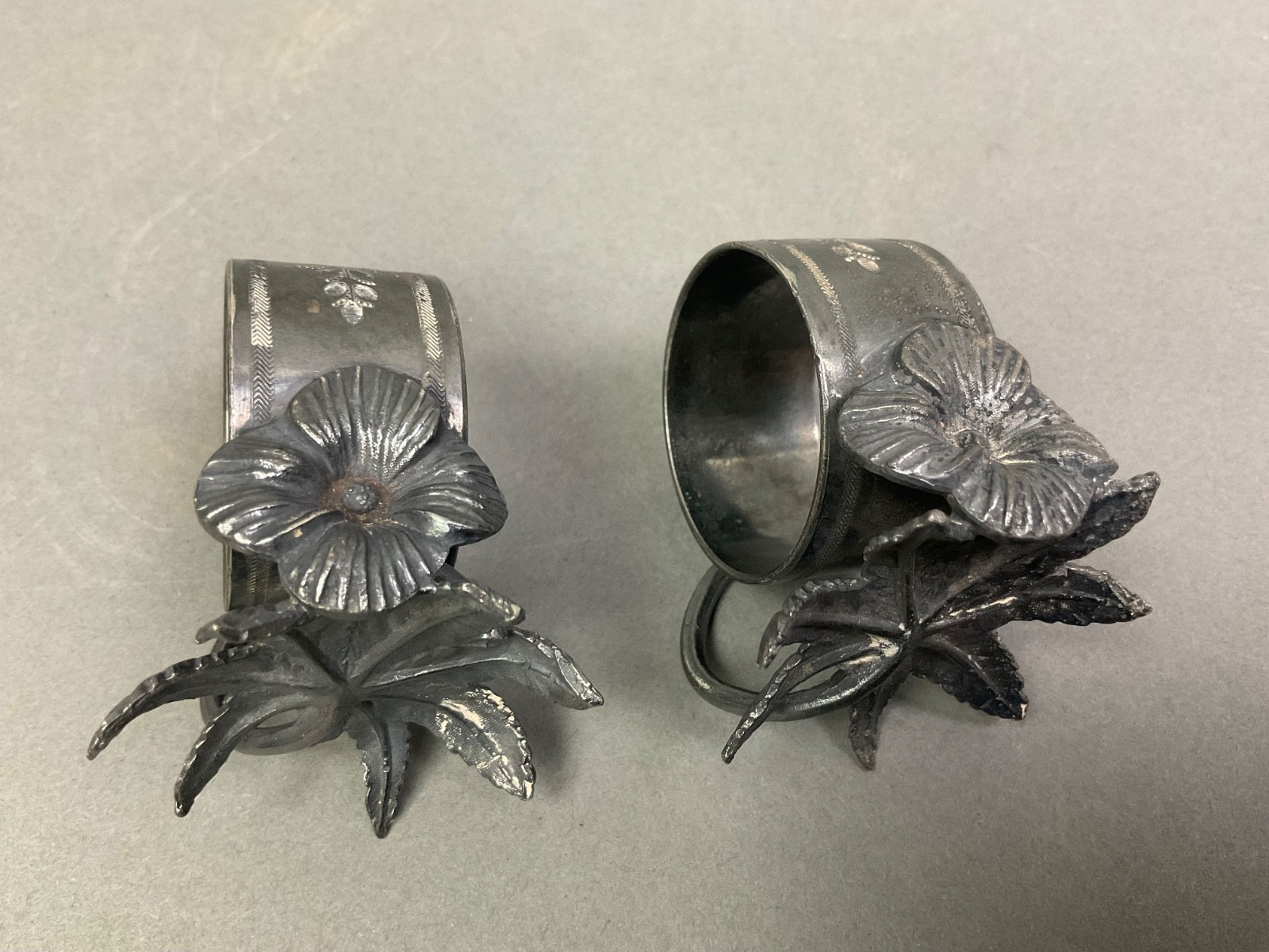 Pair ANTIQUE NAPKIN RING HOLDERS Figural Flower Silver Plated Monogrammed