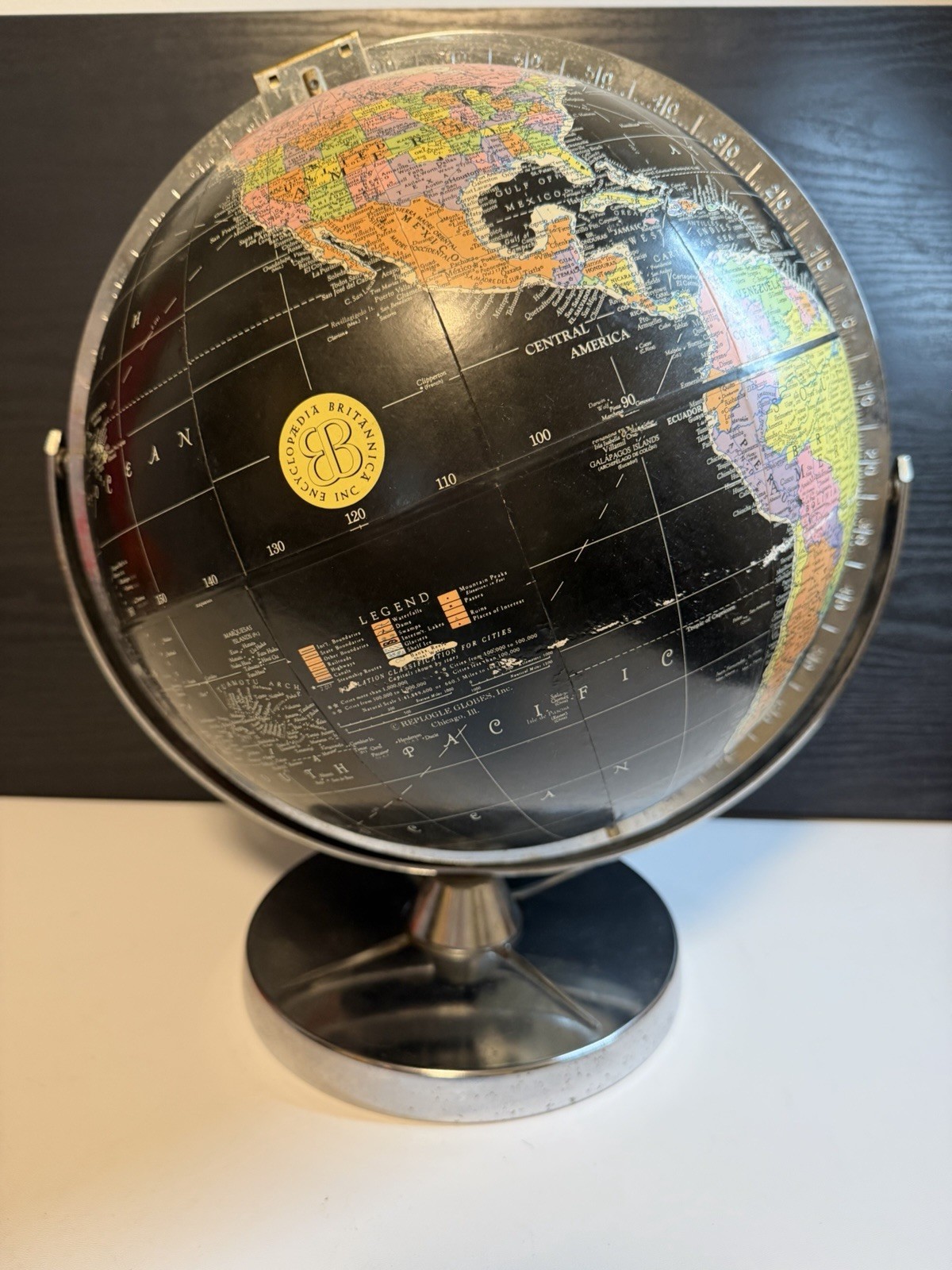 Vintage 1960s Encyclopedia Britannica 12” Desk Globe Black Ocean & Chrome Base