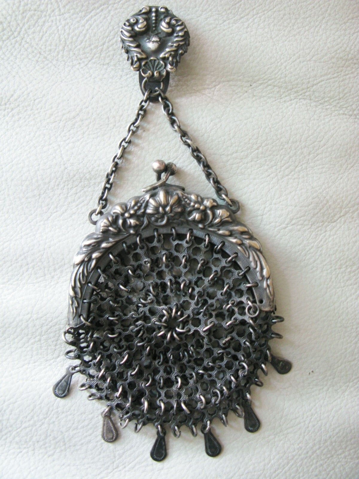 Antique Silver Floral Chatelaine Belt Clip Fancy Chain Mail Kilt Coin Purse