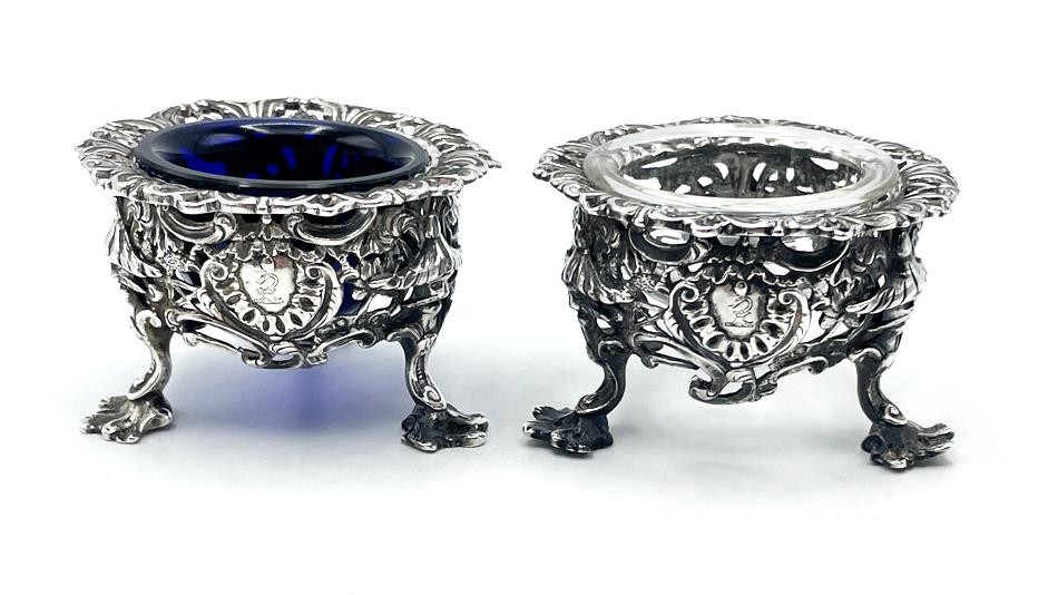 CHINESE CHIPPENDALE SILVER SALT CELLARS LONDON 1845 JAMES EDWARDS