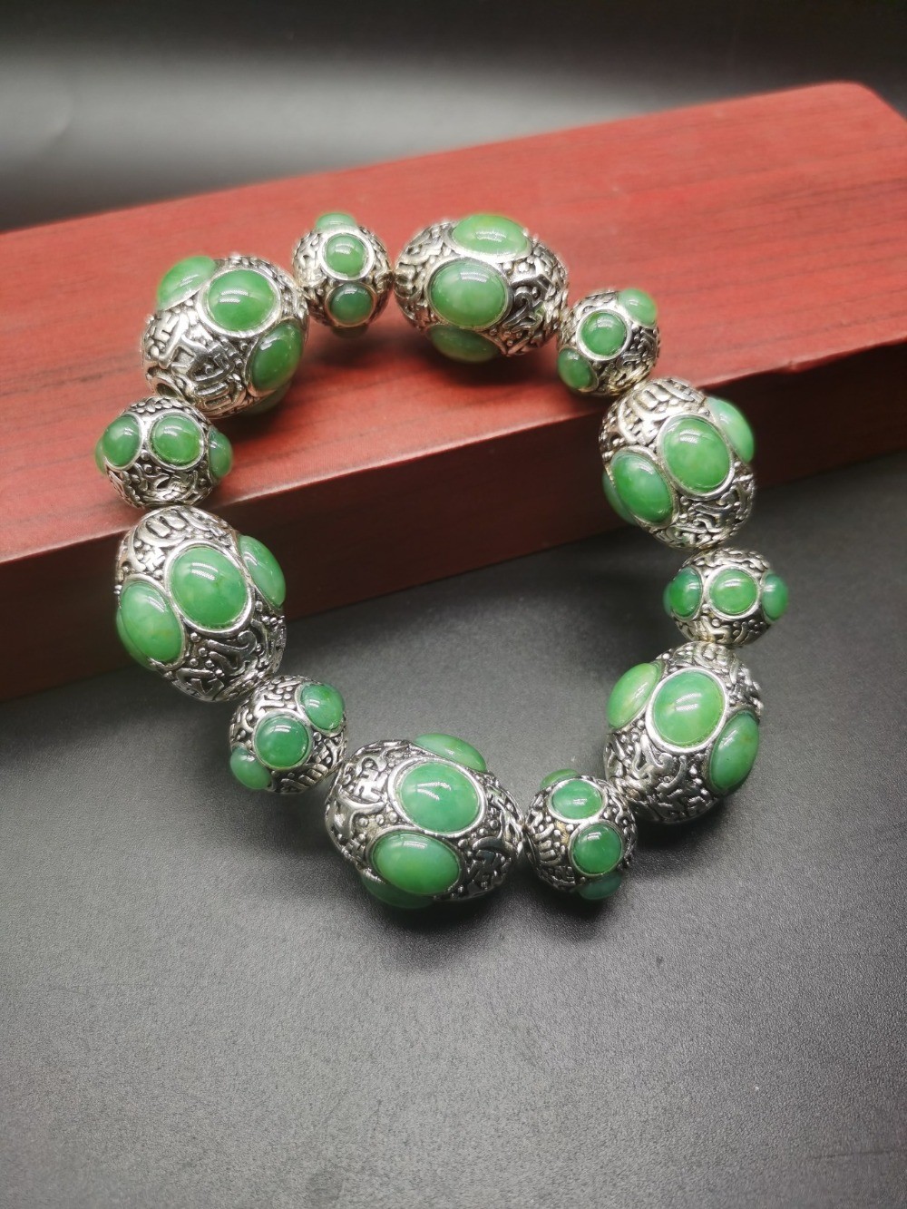 Old Tibetan Silver Inlaid Green Jade Beaded Bracelet Ethnic Boho Jewelry
