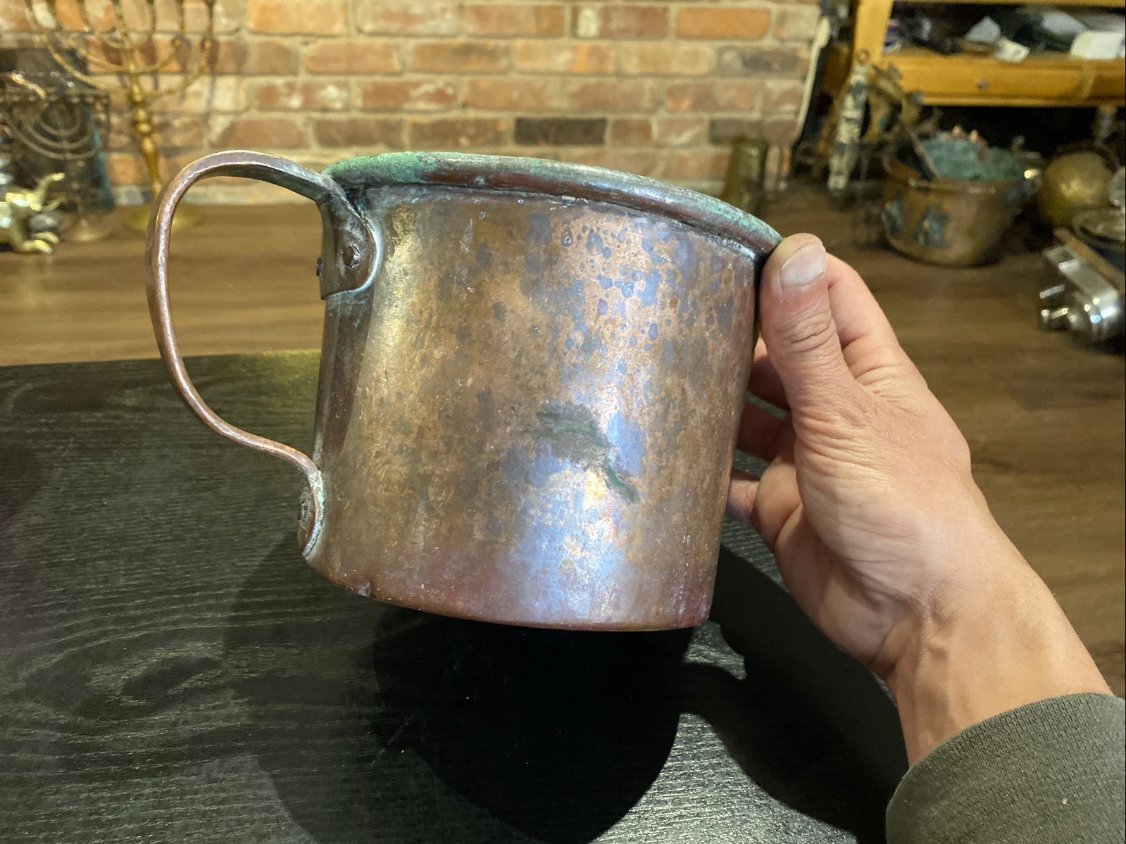 Antique Primitive Large Copper Cup Or Small Pot With Handle, Dovetail Seems