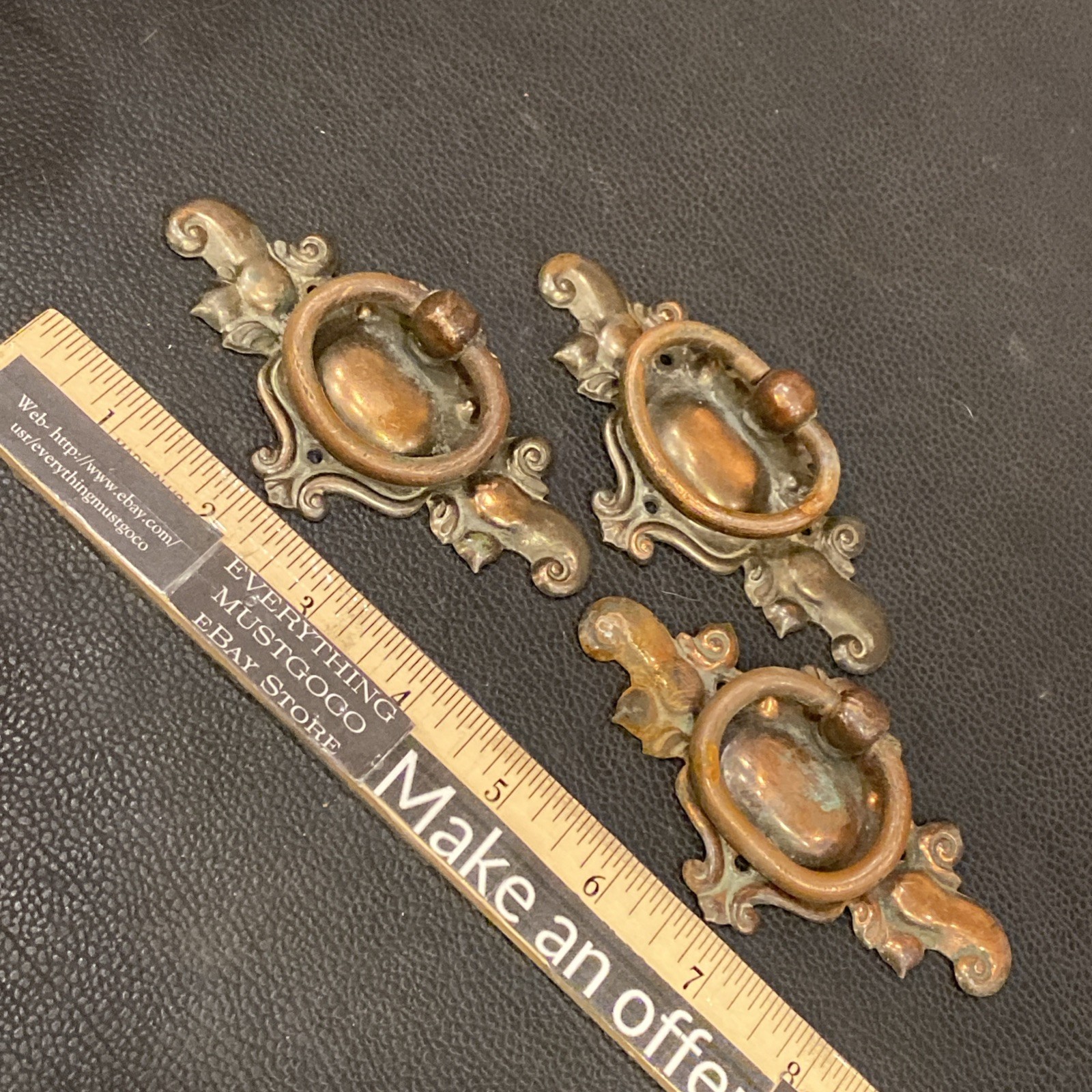 Lot 3 Antique Nouveau Scroll Copper Loop Handle Drop Bail Drawer Pulls Hammer On