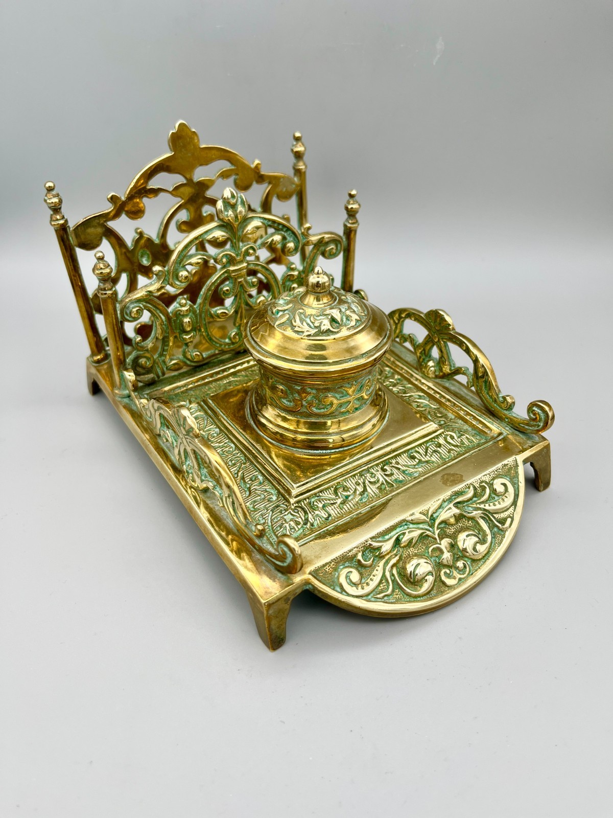 VICTORIAN ORNATE BRASS INKSTAND, c.1860s-90s