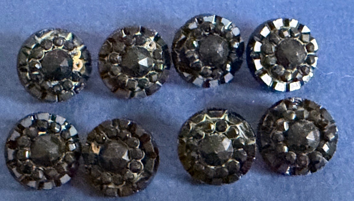 8 Antique Steel Point Metal Rhinestone Jet Black Glass Shank Buttons