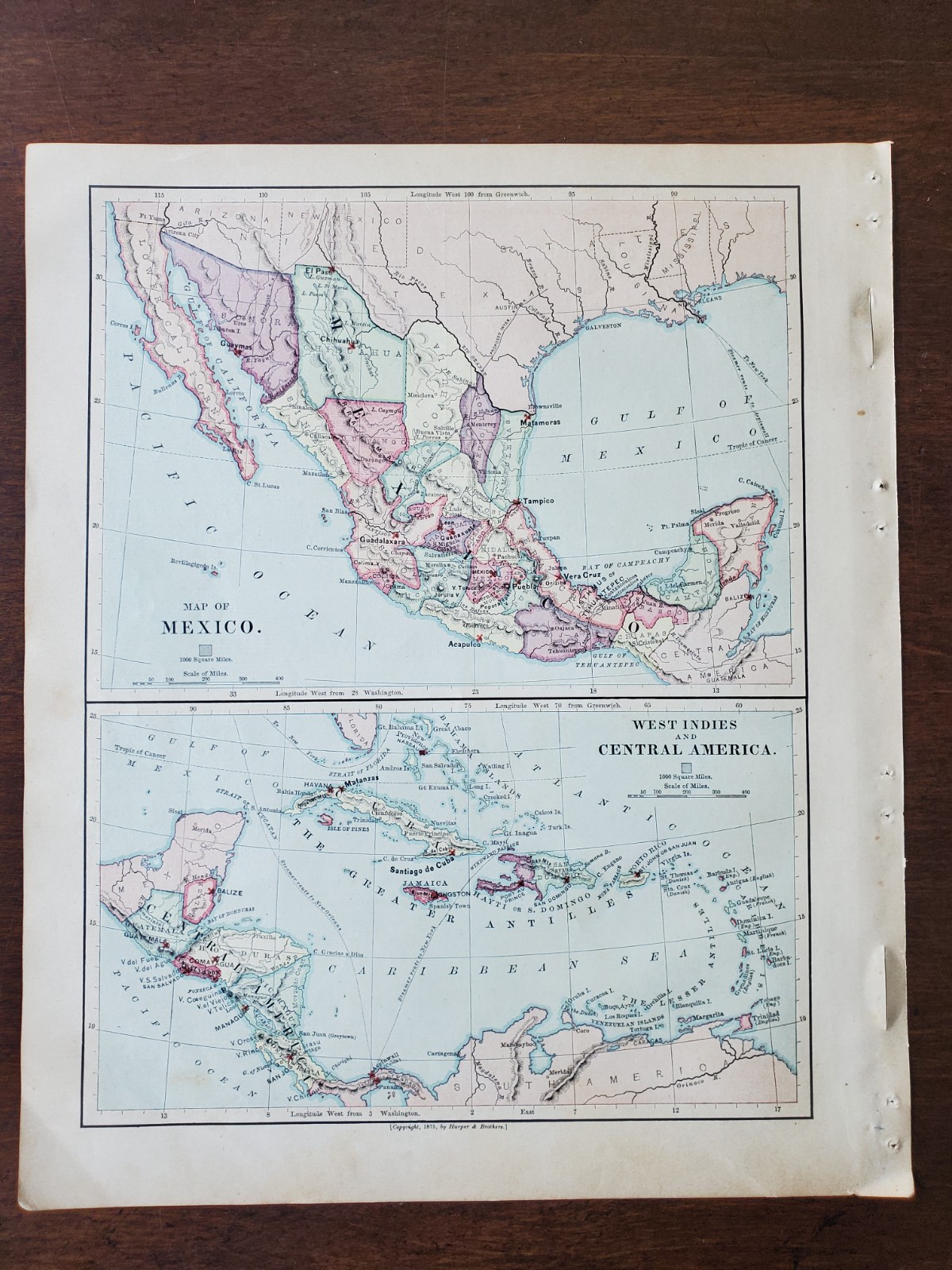 1877 Colored Map “Mexico West Indies Map” Harper’s School Geography 10″x12″
