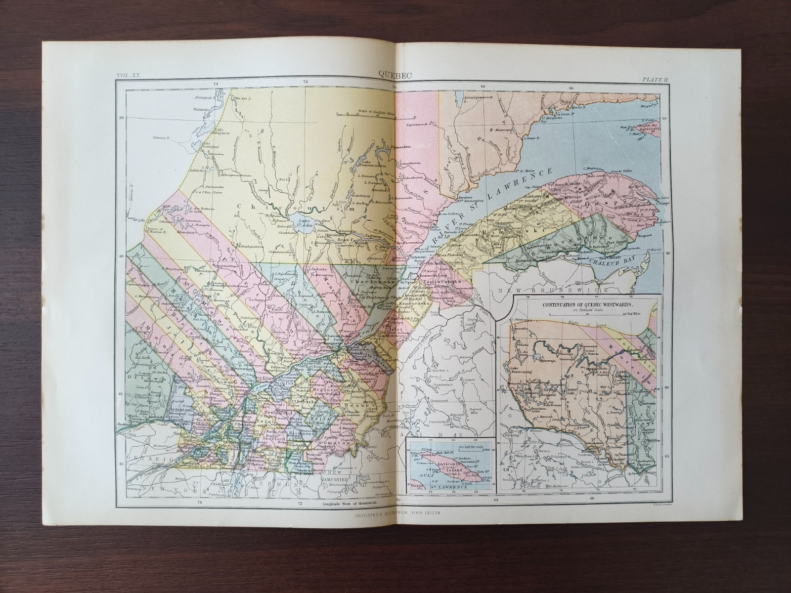 ANTIQUE ORIGINAL COLOUR MAP BY W.&A.K. JOHNSTON-QUEBEC-1880CA