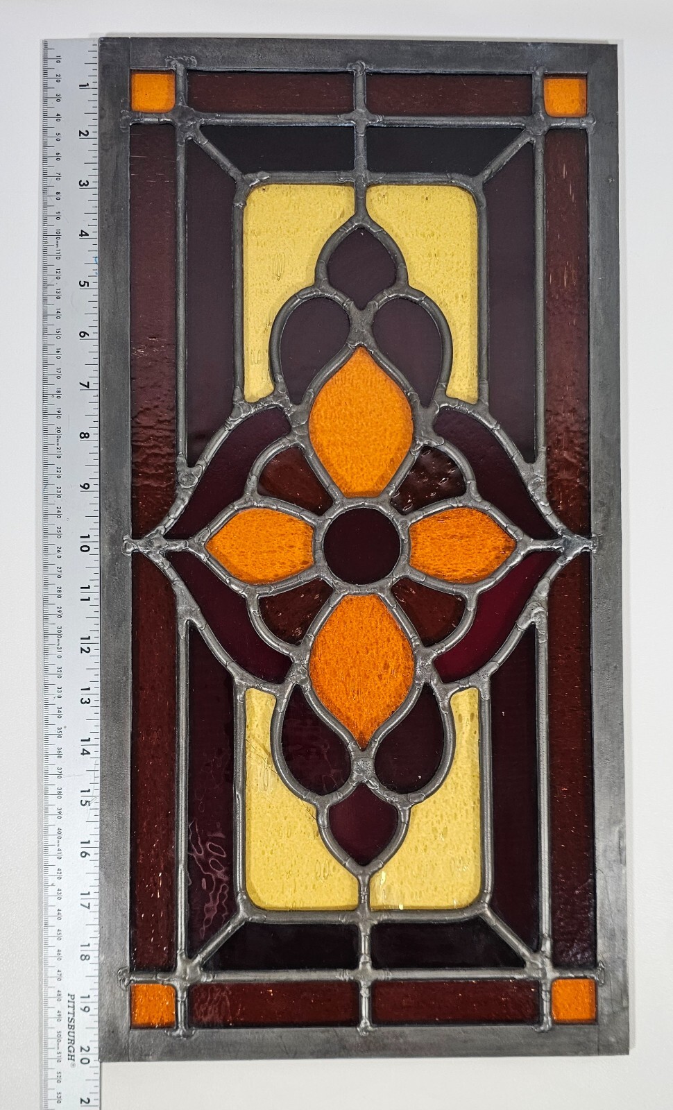 Vintage Handcrafted Glass Window Panel. Marked. 20 1/8″ X 10 1/2″ Small Crack