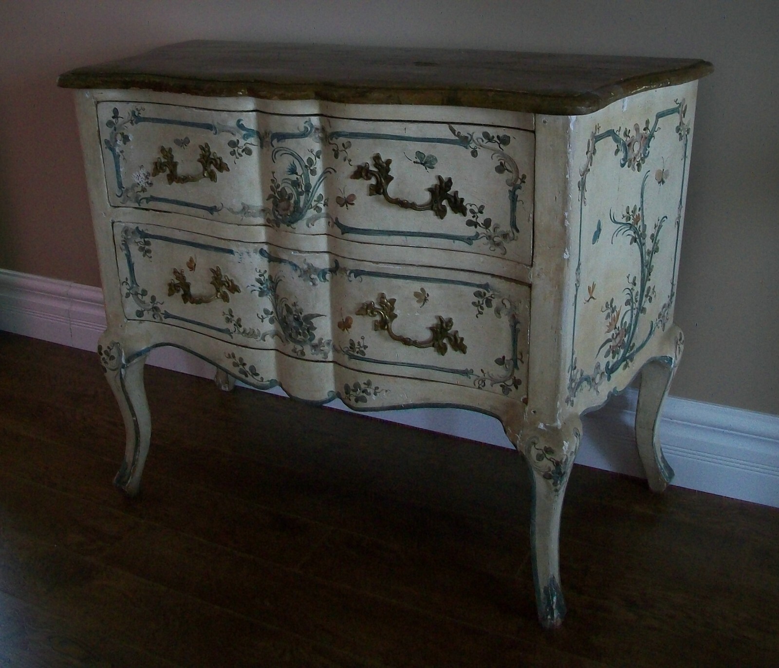 Italian Rococo Floral & Butterfly Painted Chest of Drawers – Mid 19th Century