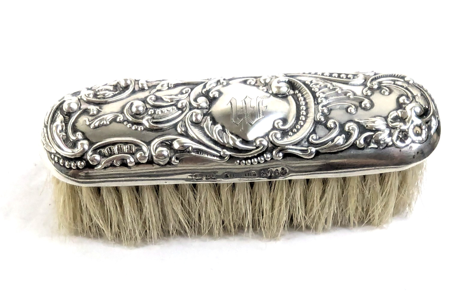 Antique Sterling Silver Art Nouveau Repousse Vanity Clothes Brush w Mono