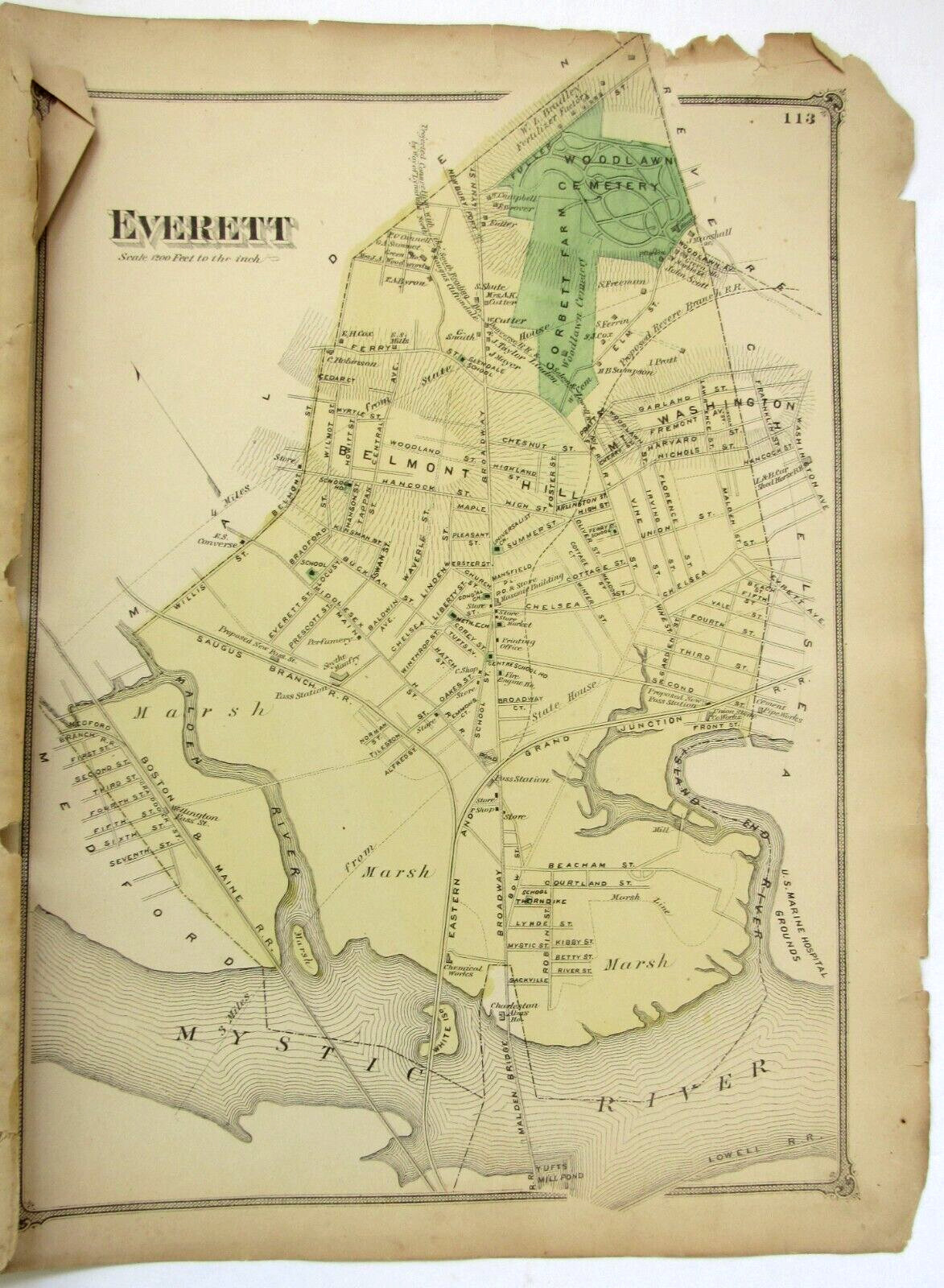 Everett Middlesex County Massachusetts 1875 F. W. Beers Large Detailed Map