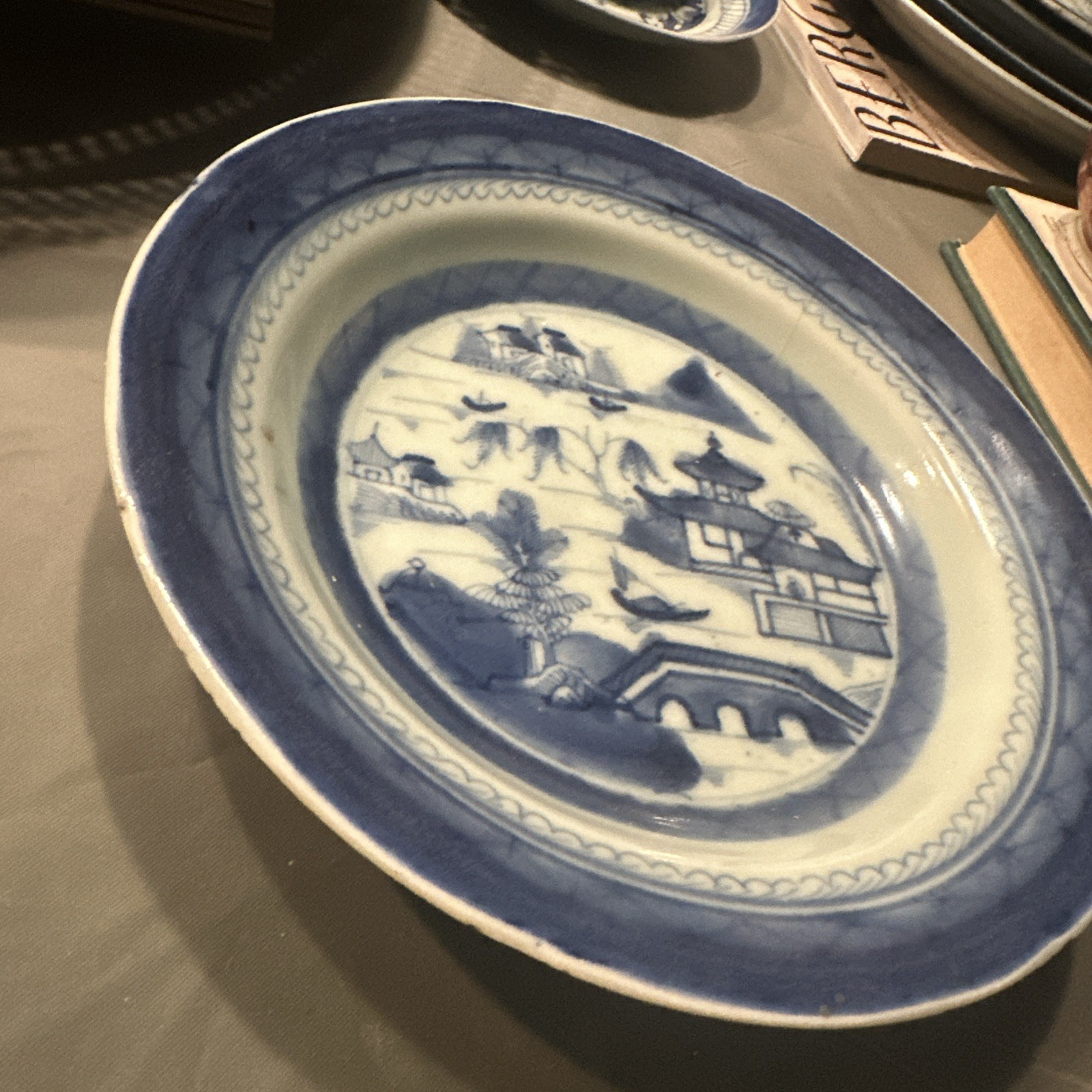 Antique Chinese 7.5” Export Canton Blue White Plate Porcelain Dish pre-1800