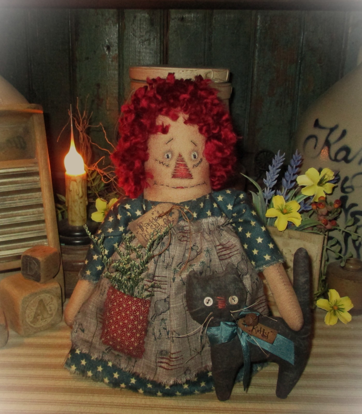 Pattis Ratties 9″ Raggedy Ann Stump Doll Black 4″ Cat Ornie Folkart Artist Sikes