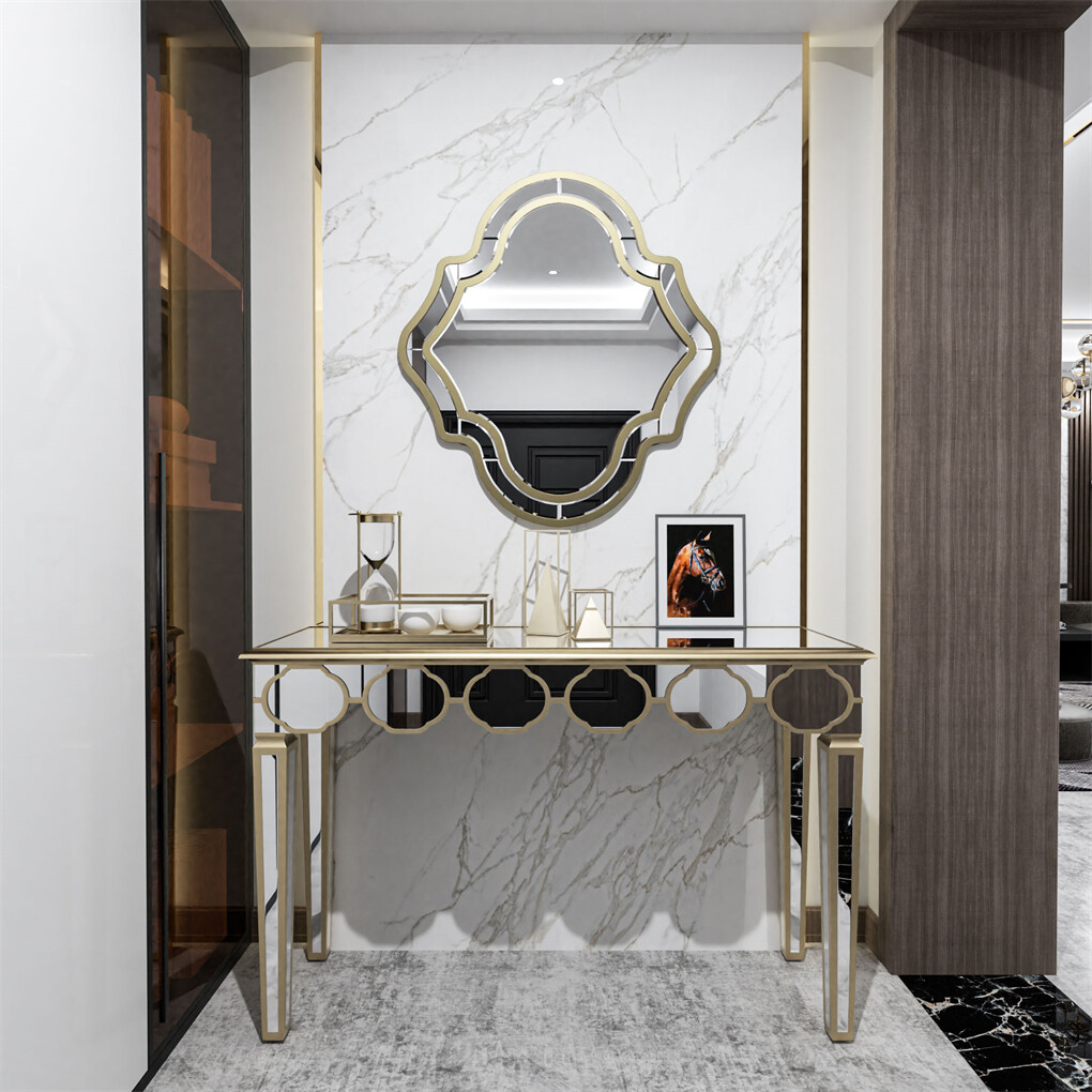 Delicate Mirror Console Table Gold Trim Vanity Table with Stable Tapered Legs