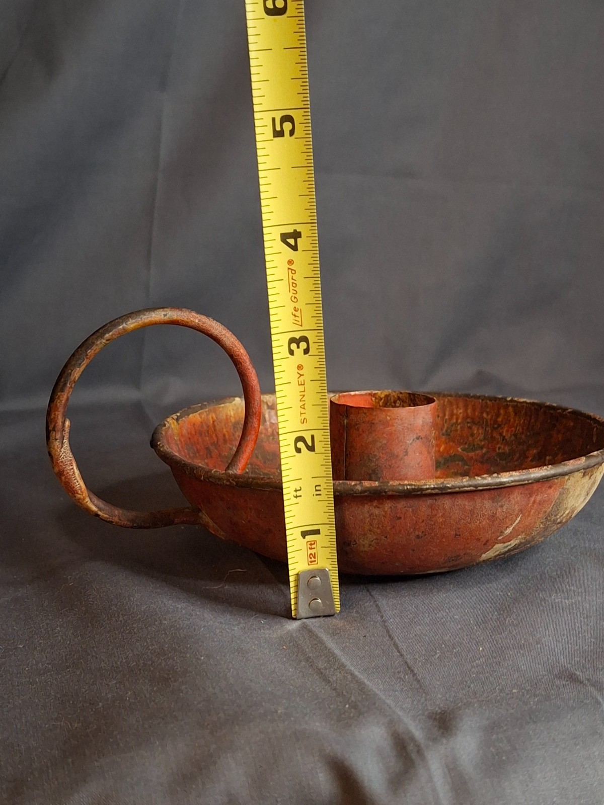 Antique 19thC Red Paint Sheet Tin Chamberstick Candle Holder Finger Loop 5.5″