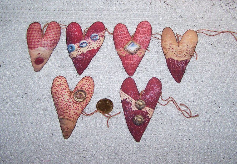 6~Valentines Day~Primitive~Heart~Fussy Cut~Linen Cardstock~Gift~Hang~Tags~Ornies