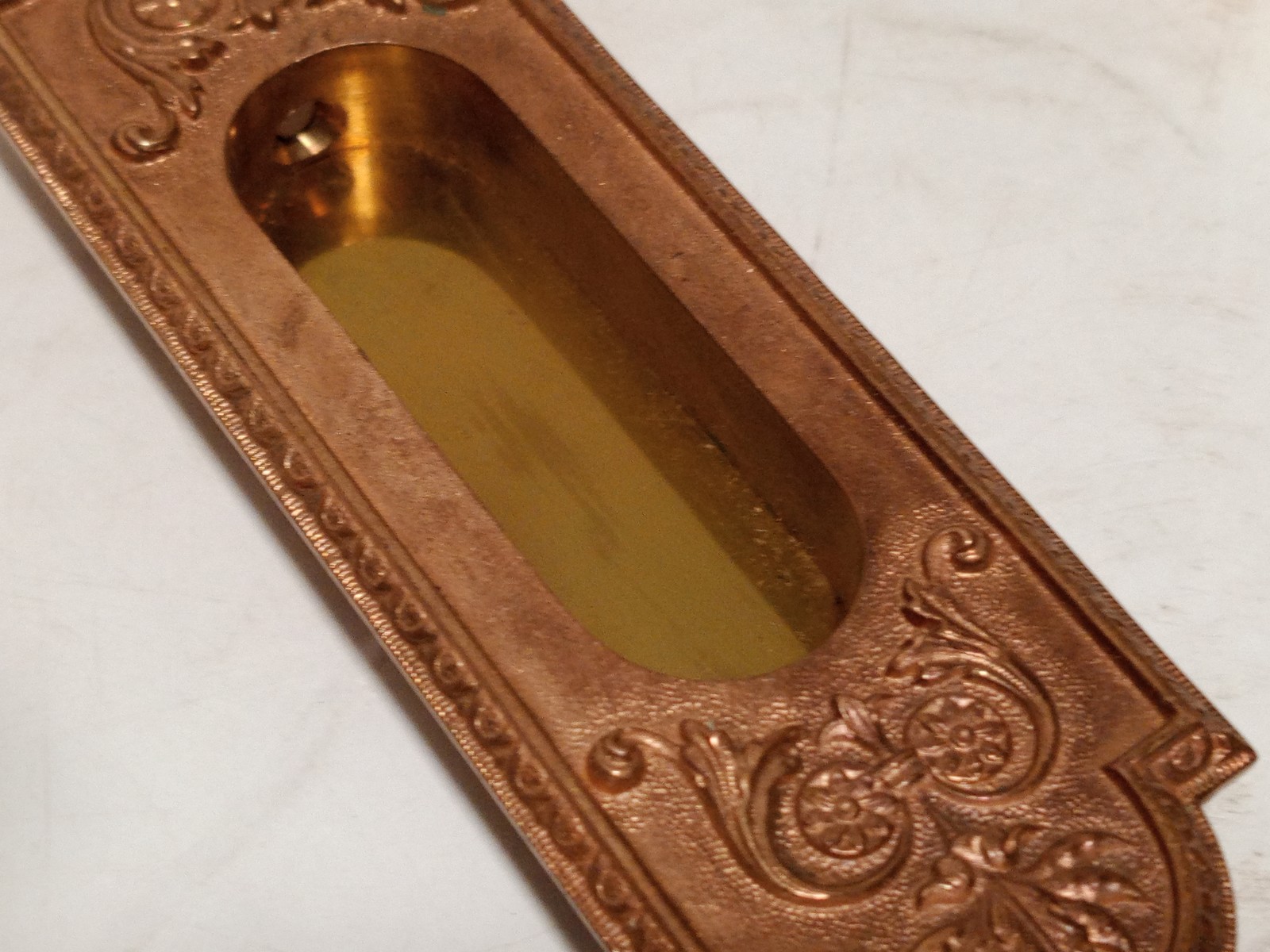 RHC ornate pocket door flush pull handles copper finish lot of 4 vintage, 5.5in