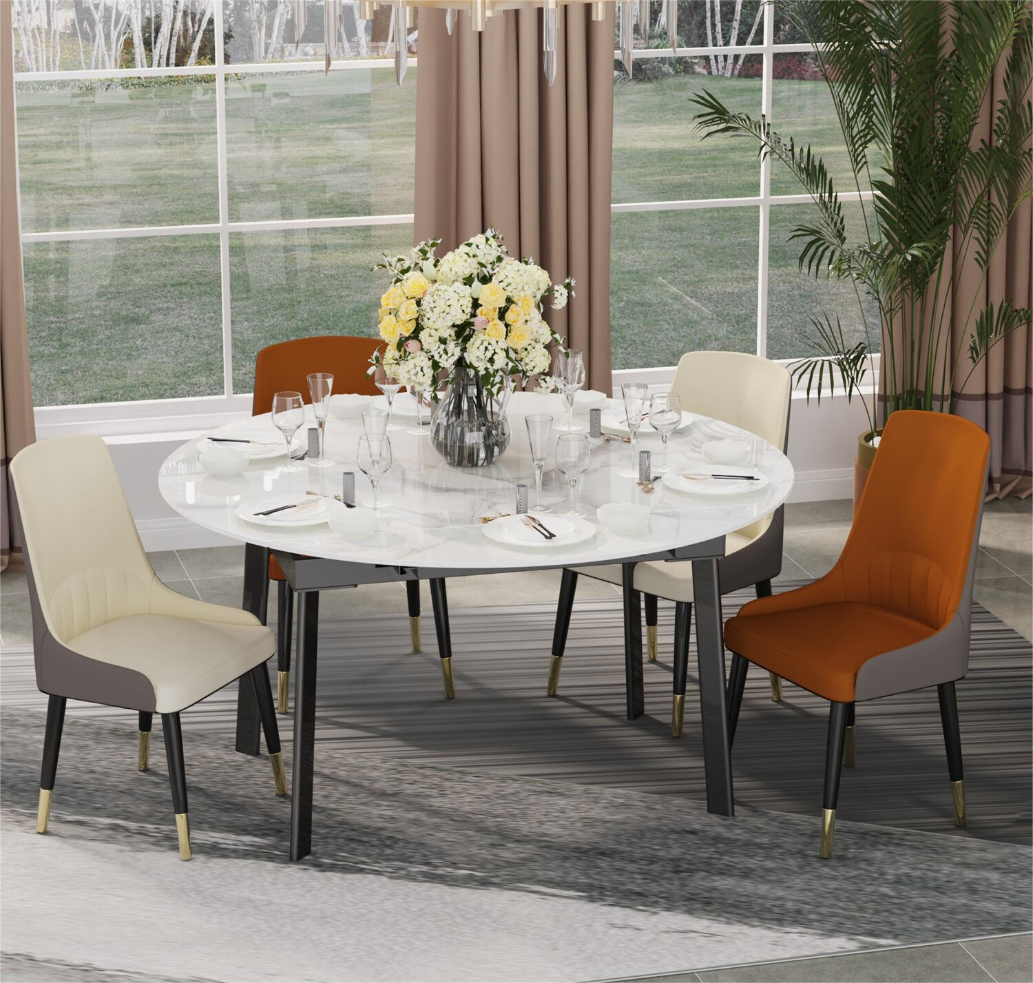 XXL Round Marble Dining Table & Leather Chair Extendable Restaurant Island Table