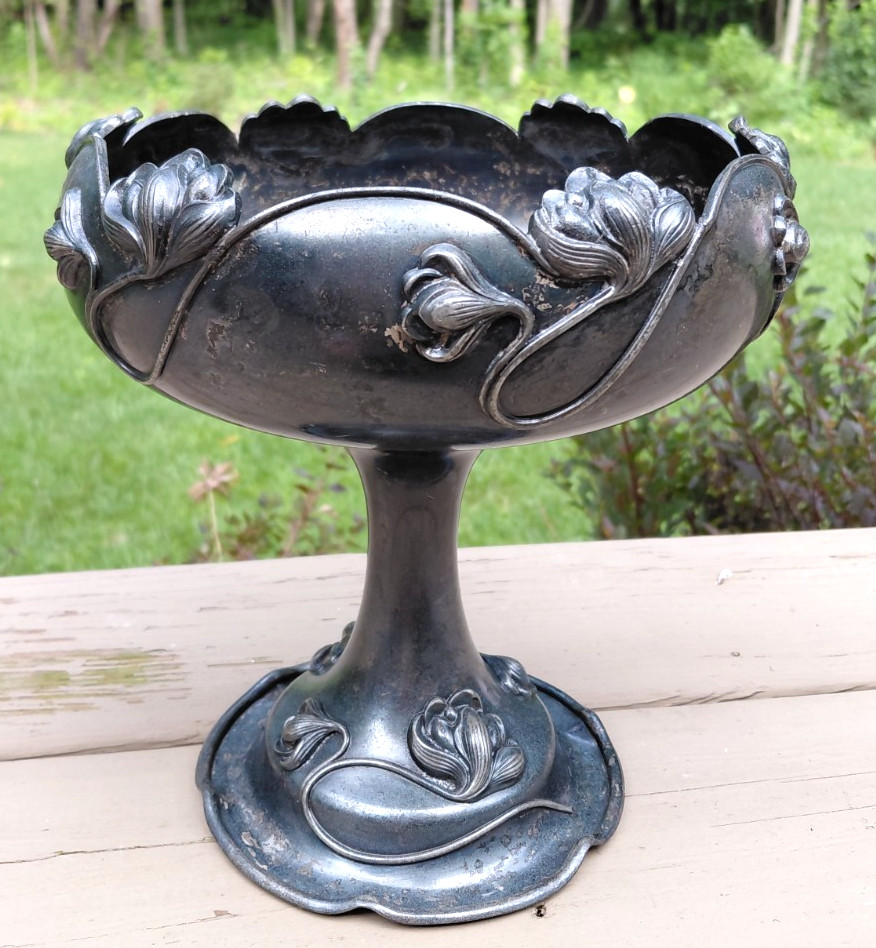 Antique Art Deco Large Compote Bowl Eyecatching Tarnished Silverplate