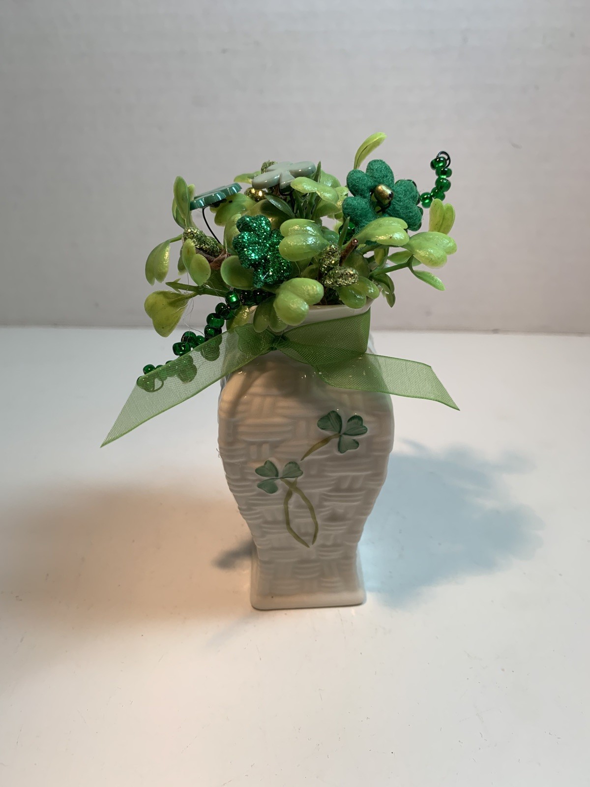 Shamrock Vtg Button Bouquet/Belleek -Country-Farmhouse-Primitive-St.Patrick
