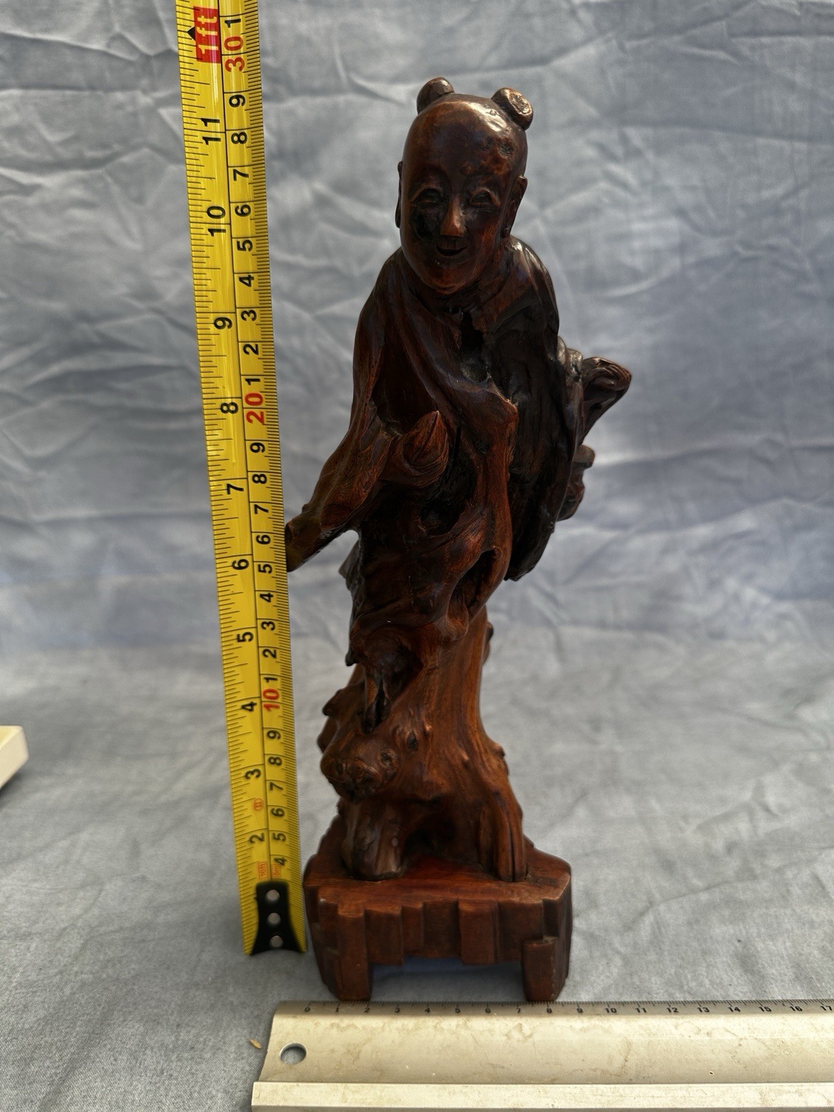 Antique Chinese Hardwood Carving of Smiling Boy on Root Stand c1900-1940 30cm