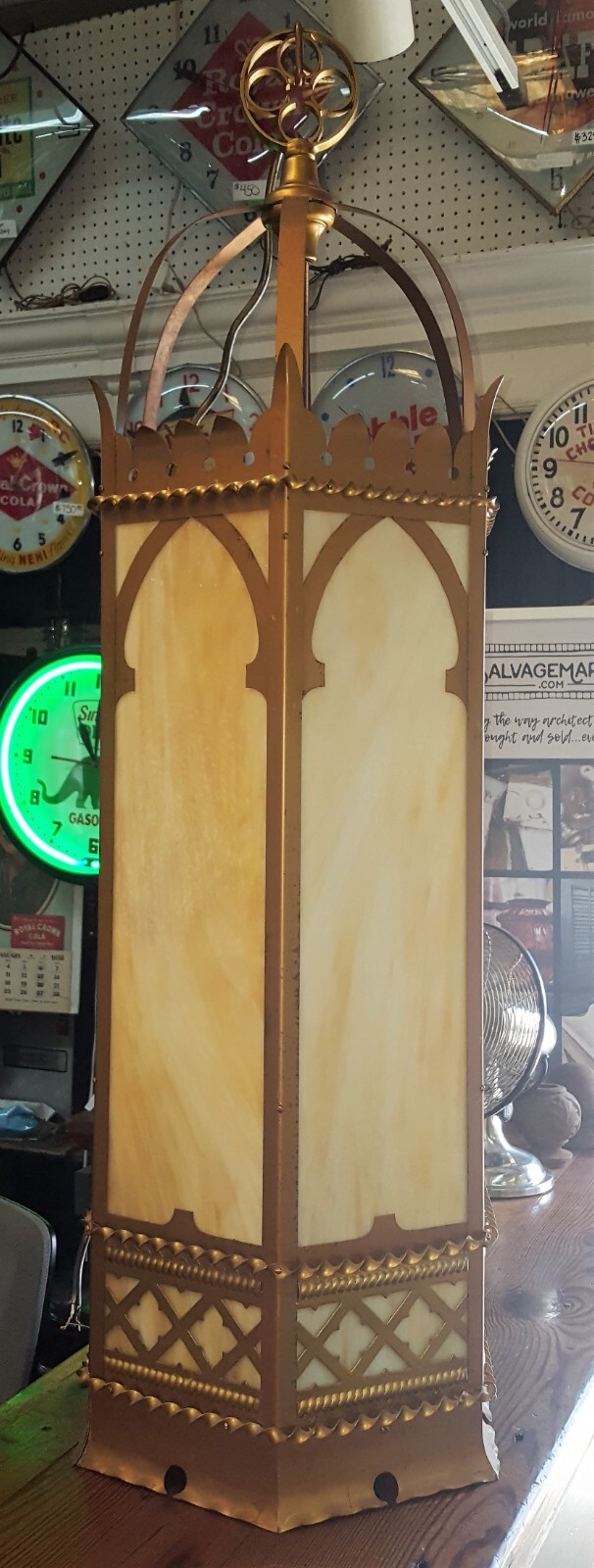 Huge Set of 5 Art Deco Church Lights with Tan & White Slag Glass and Brass Trim