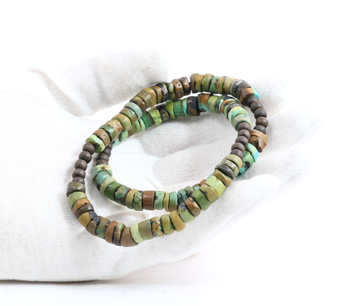 Millennium-Old Set of 2 Tibetan Turquoise Bracelets, Aged Patina Meditation