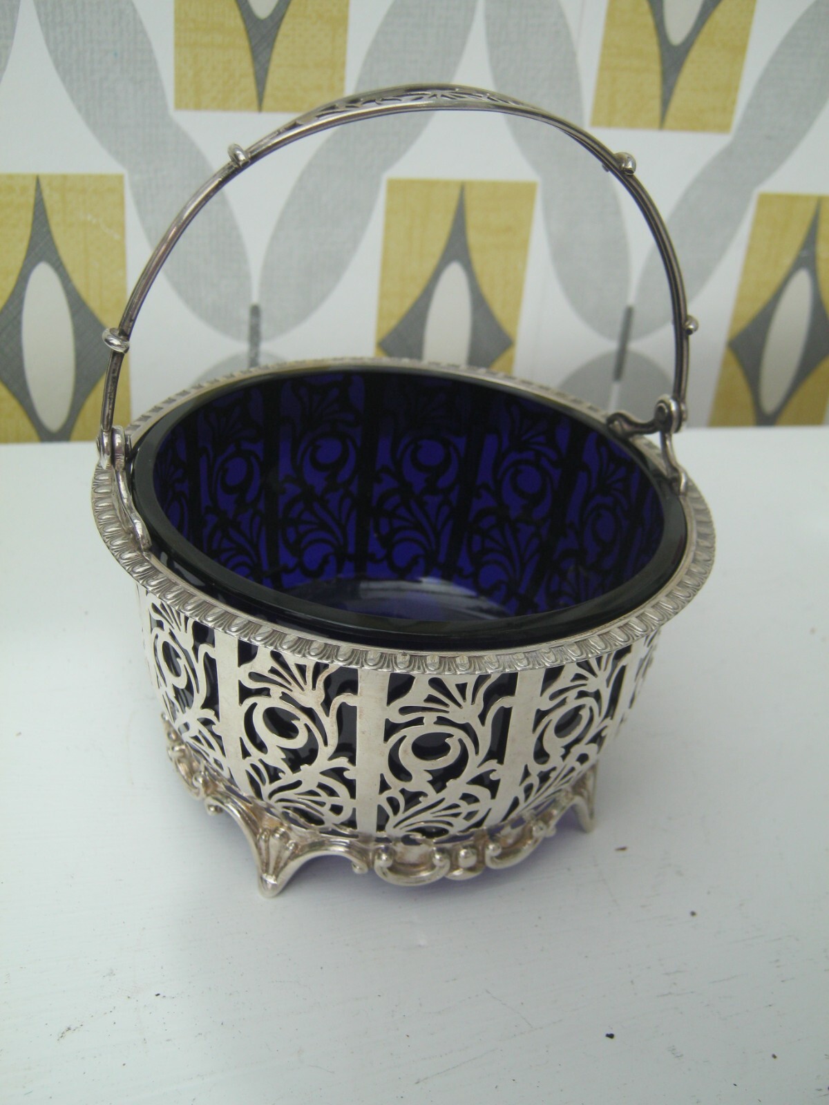 Birmingham 1926 Sterling Silver Basket Handle Sugar Bowl With Blue Glass Liner