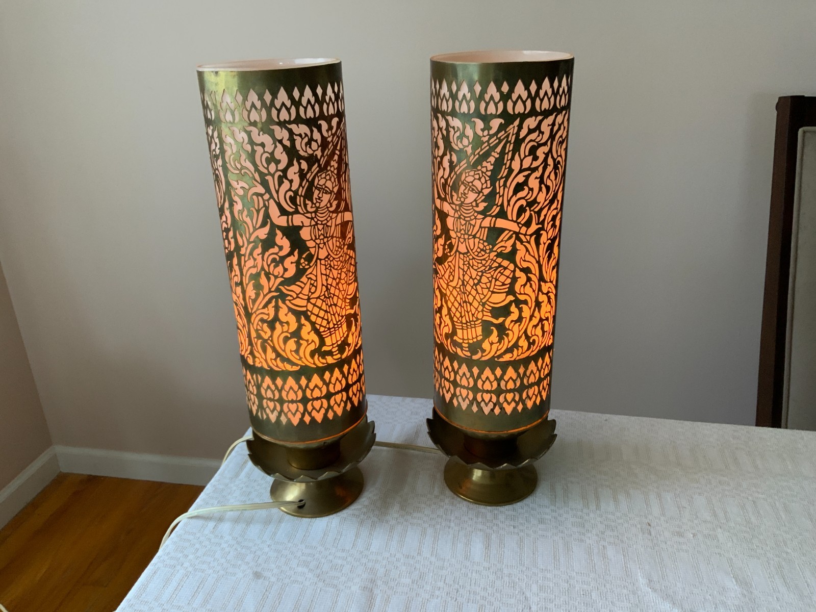 2 Unique Thai dancer brass filigree over milk glass liner table lamps 15″ tall