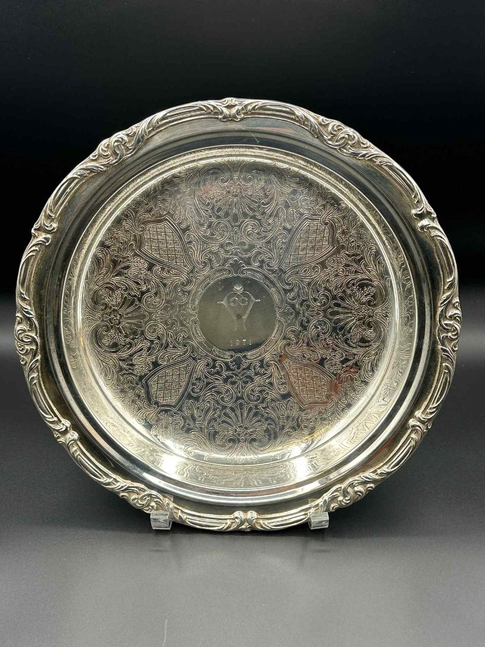 Vintage Silverplate Footed Serving Tray Ornate Engraved Round 12.25″ Antique
