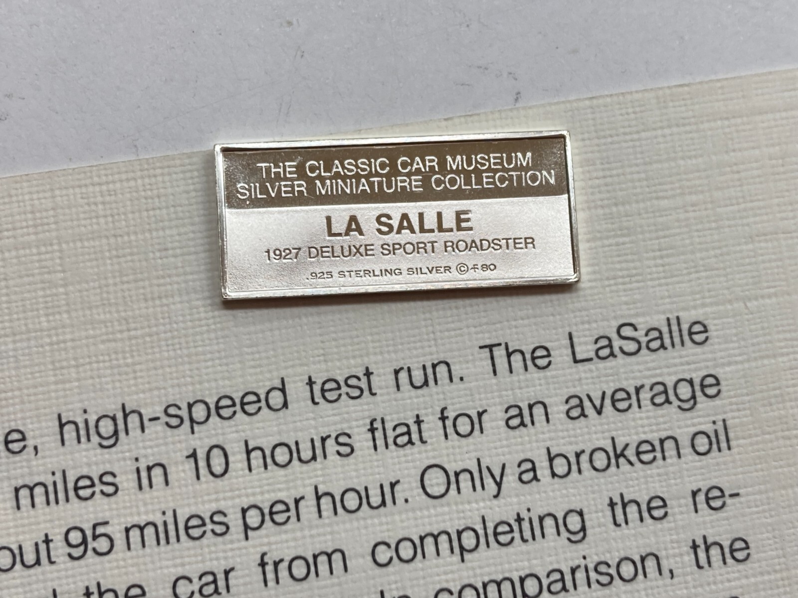 1980 Franklin Mint Classic Car Collection Silver Ingot Lasalle Deluxe sport