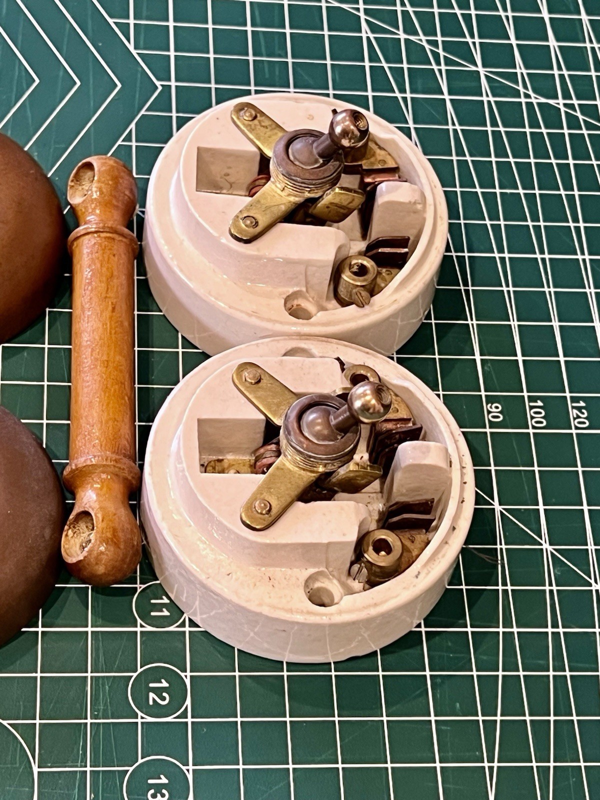 Antique Toggle Switch Brass and Porcelain Double Dolly Switch