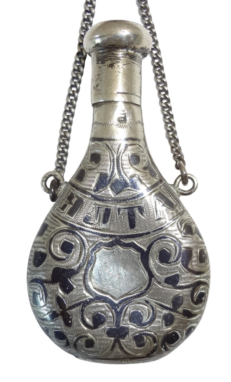 Antique Russian Sterling Silver Niello Chatelaine Perfume Scent Flask Bottle