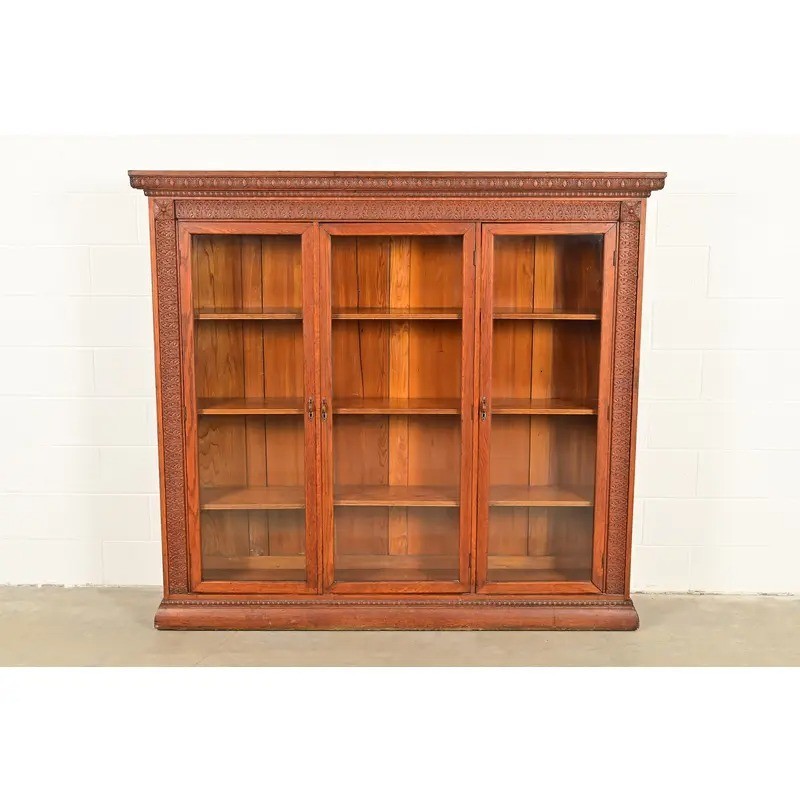 R. J. Horner Style Antique Victorian Carved Oak Bookcase Cabinet, Circa 1880s